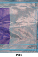 Blue checked floral motifs design semi soft silk saree with contrast border and blouse