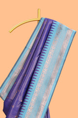 Blue checked floral motifs design semi soft silk saree with contrast border and blouse