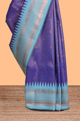 Blue checked floral motifs design semi soft silk saree with contrast border and blouse