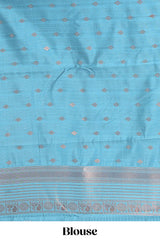 Blue checked floral motifs design semi soft silk saree with contrast border and blouse