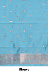 Blue checked floral motifs design semi soft silk saree with contrast border and blouse