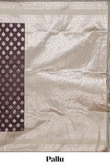 Dark brown zari butta design semi soft silk saree with contrast border and blouse