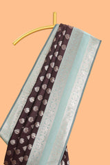 Dark brown zari butta design semi soft silk saree with contrast border and blouse