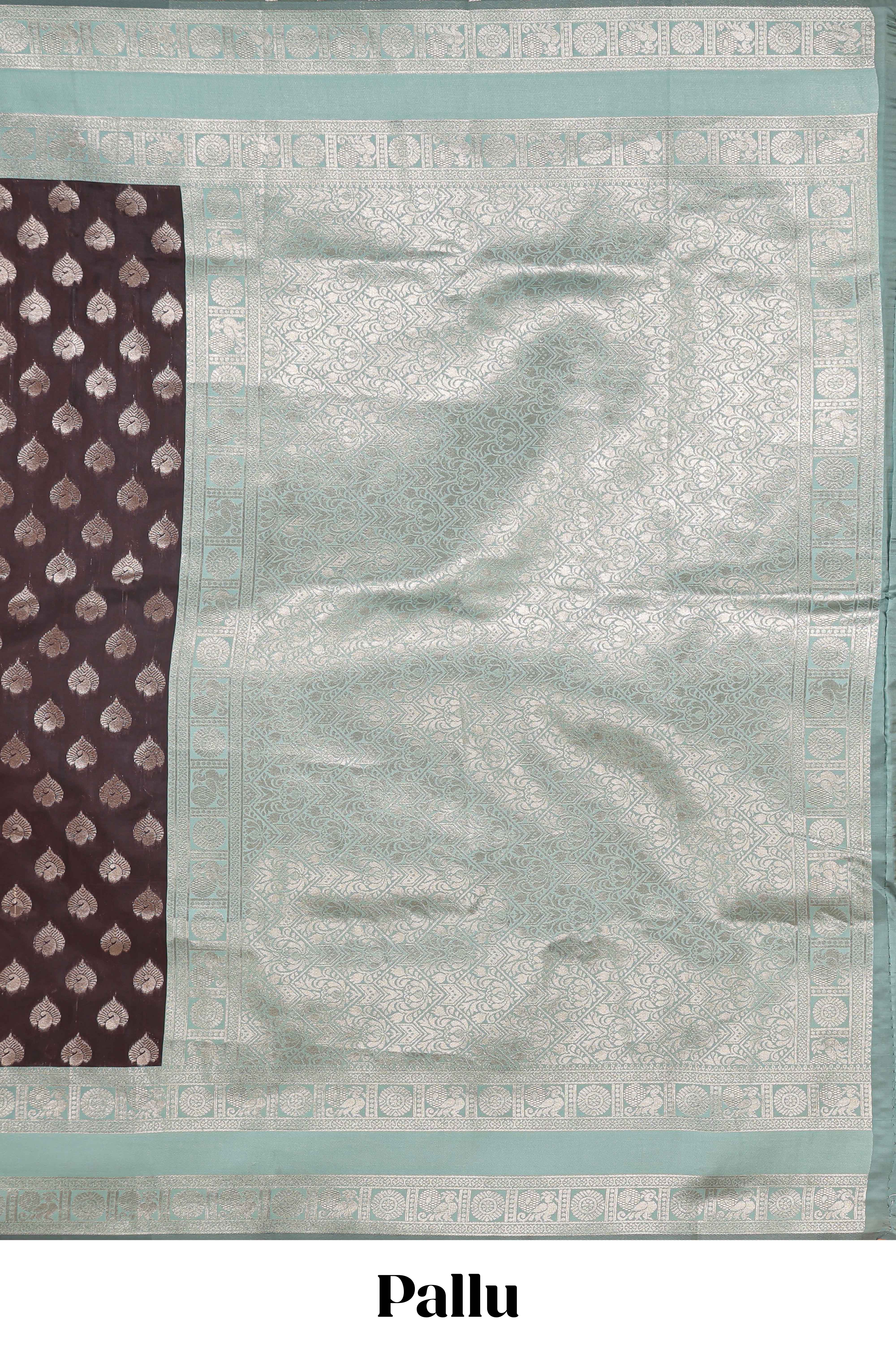 Dark brown zari butta design semi soft silk saree with contrast border and blouse