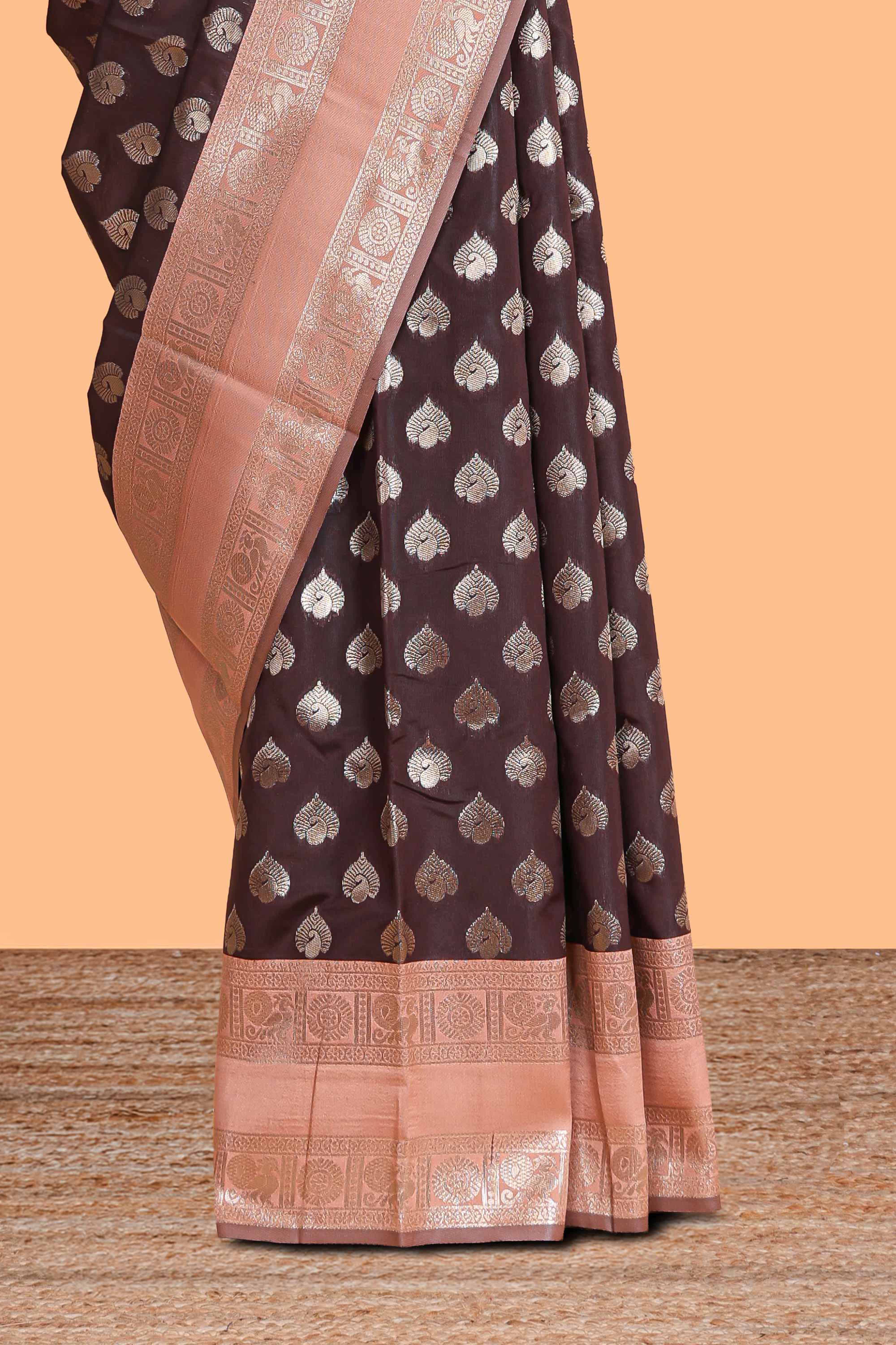 Dark brown zari butta design semi soft silk saree with contrast border and blouse