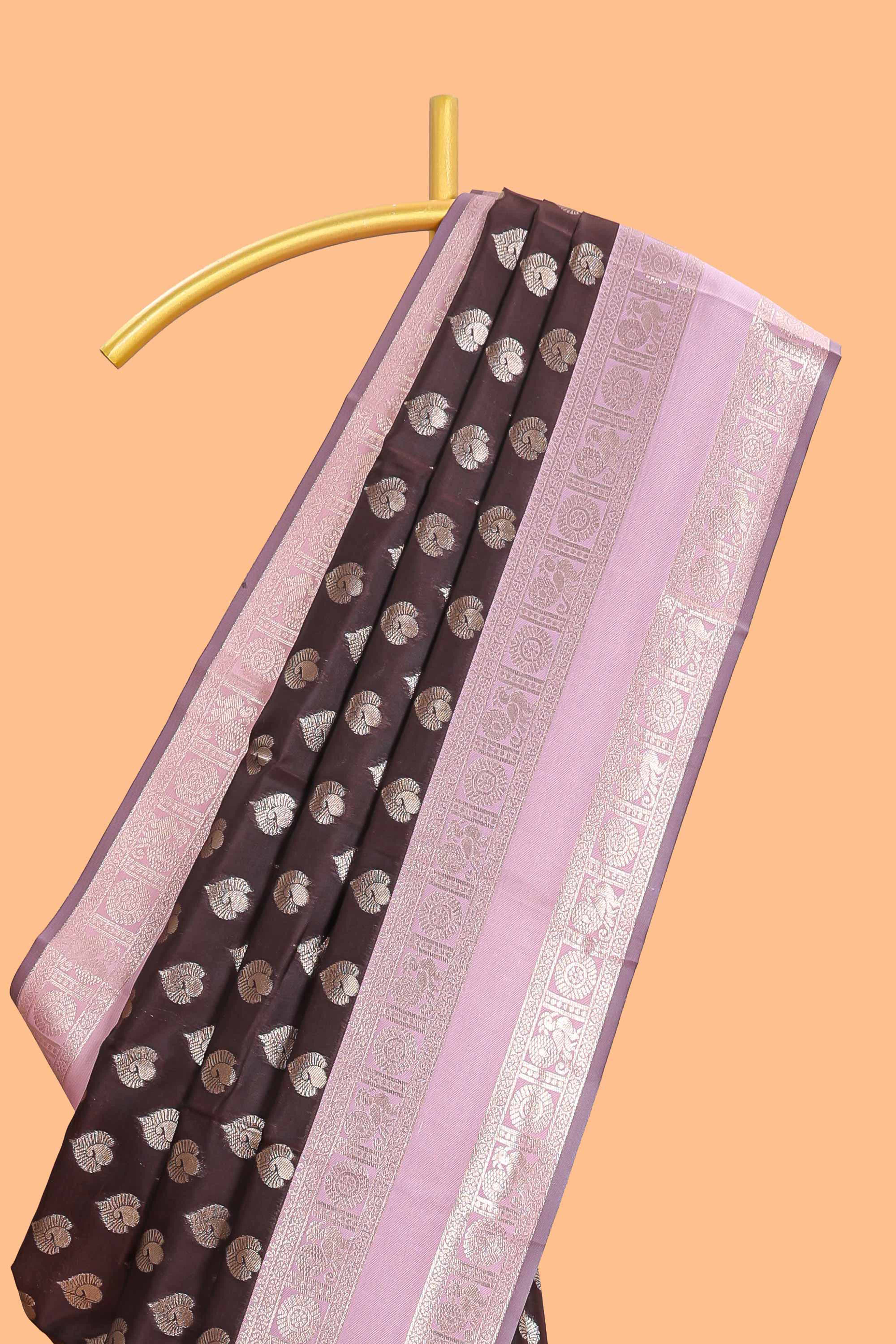 Dark brown zari butta design semi soft silk saree with contrast border and blouse