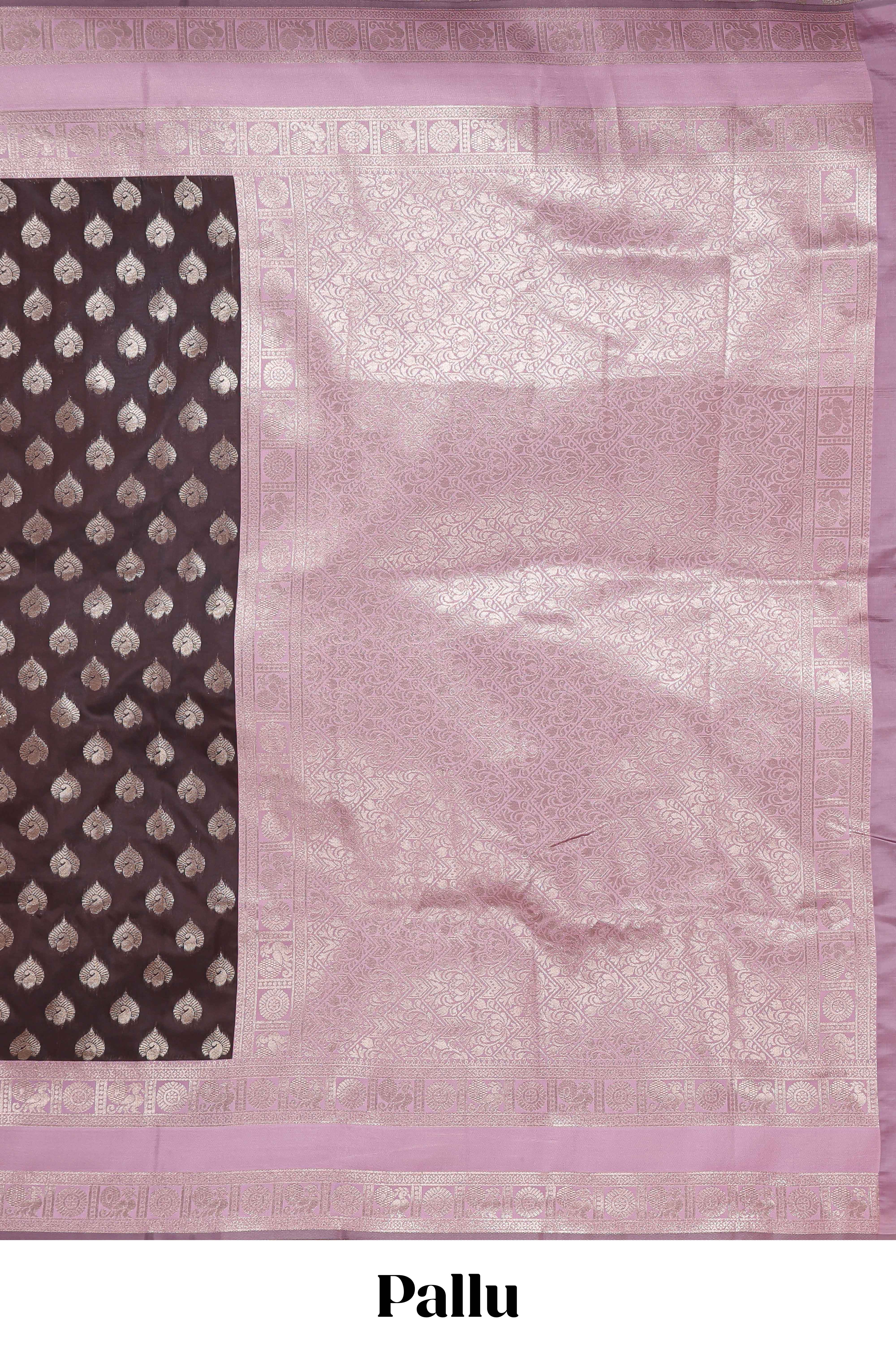 Dark brown zari butta design semi soft silk saree with contrast border and blouse
