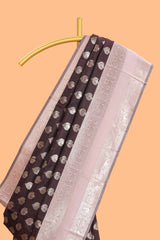 Dark brown zari butta design semi soft silk saree with contrast border and blouse