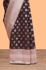 Dark brown zari butta design semi soft silk saree with contrast border and blouse