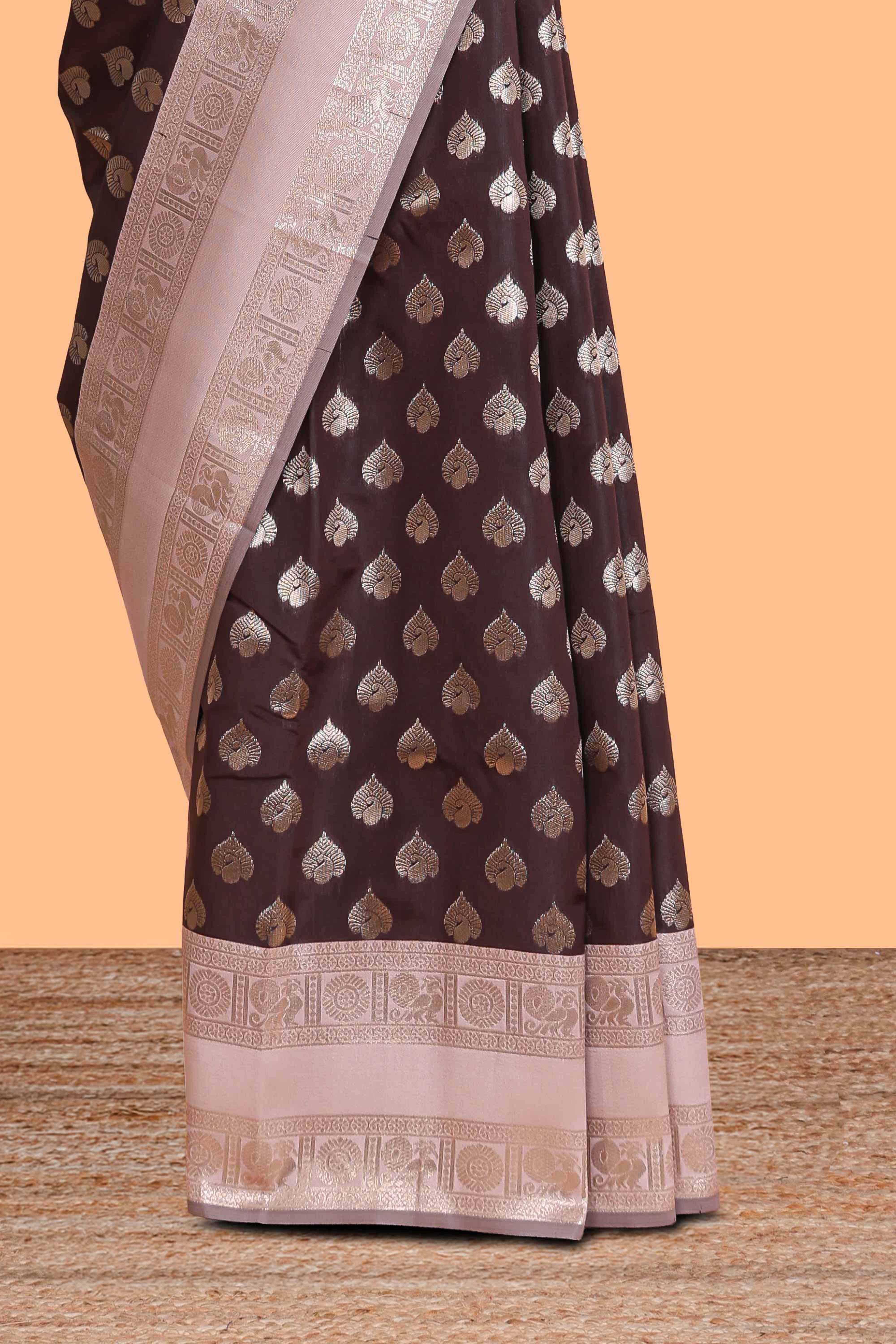 Dark brown zari butta design semi soft silk saree with contrast border and blouse