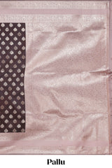 Dark brown zari butta design semi soft silk saree with contrast border and blouse