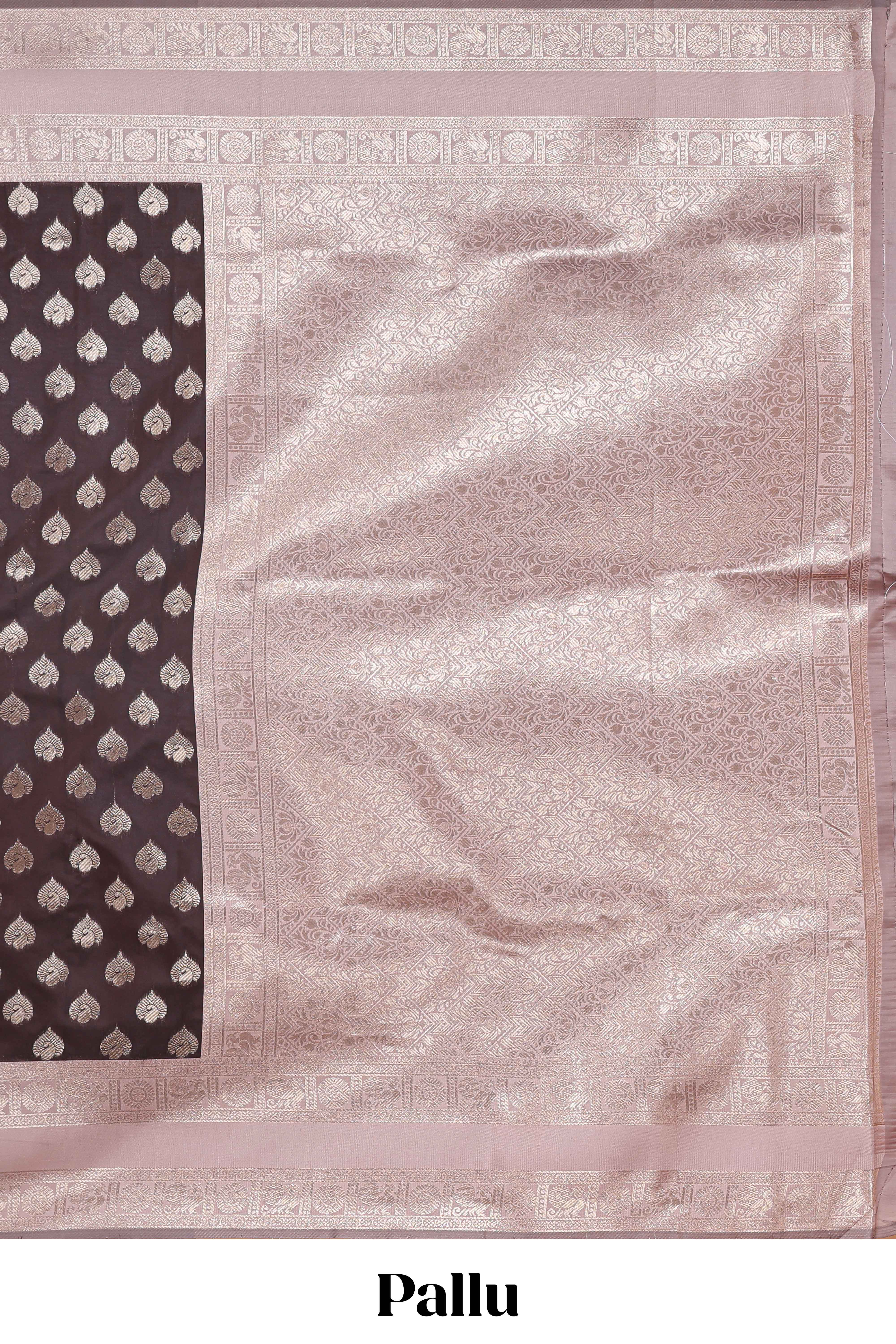 Dark brown zari butta design semi soft silk saree with contrast border and blouse