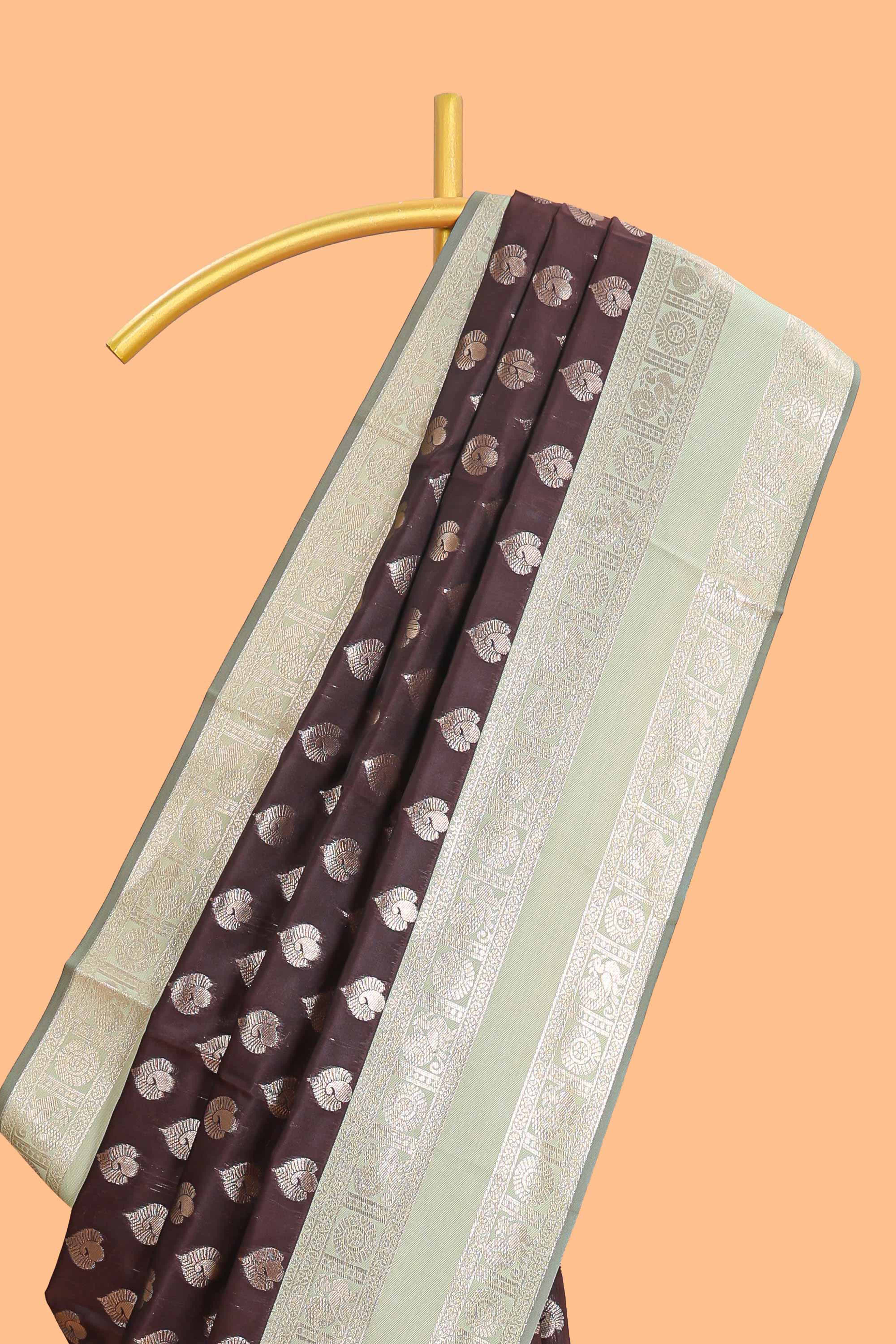 Dark brown zari butta design semi soft silk saree with contrast border and blouse