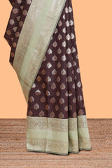 Dark brown zari butta design semi soft silk saree with contrast border and blouse