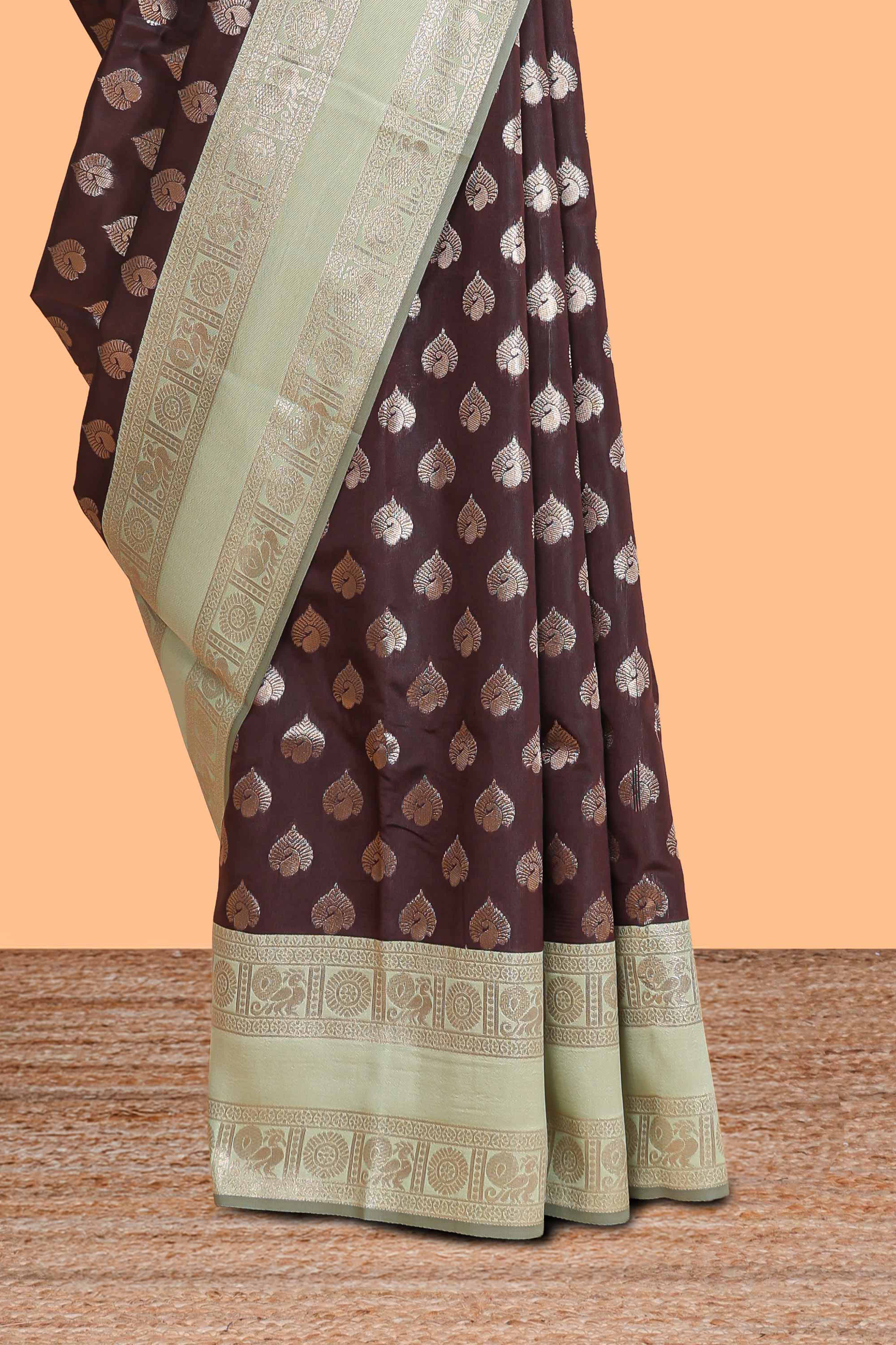 Dark brown zari butta design semi soft silk saree with contrast border and blouse