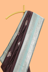 Dark brown zari butta design semi soft silk saree with contrast border and blouse