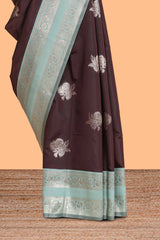 Dark brown zari butta design semi soft silk saree with contrast border and blouse