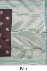 Dark brown zari butta design semi soft silk saree with contrast border and blouse