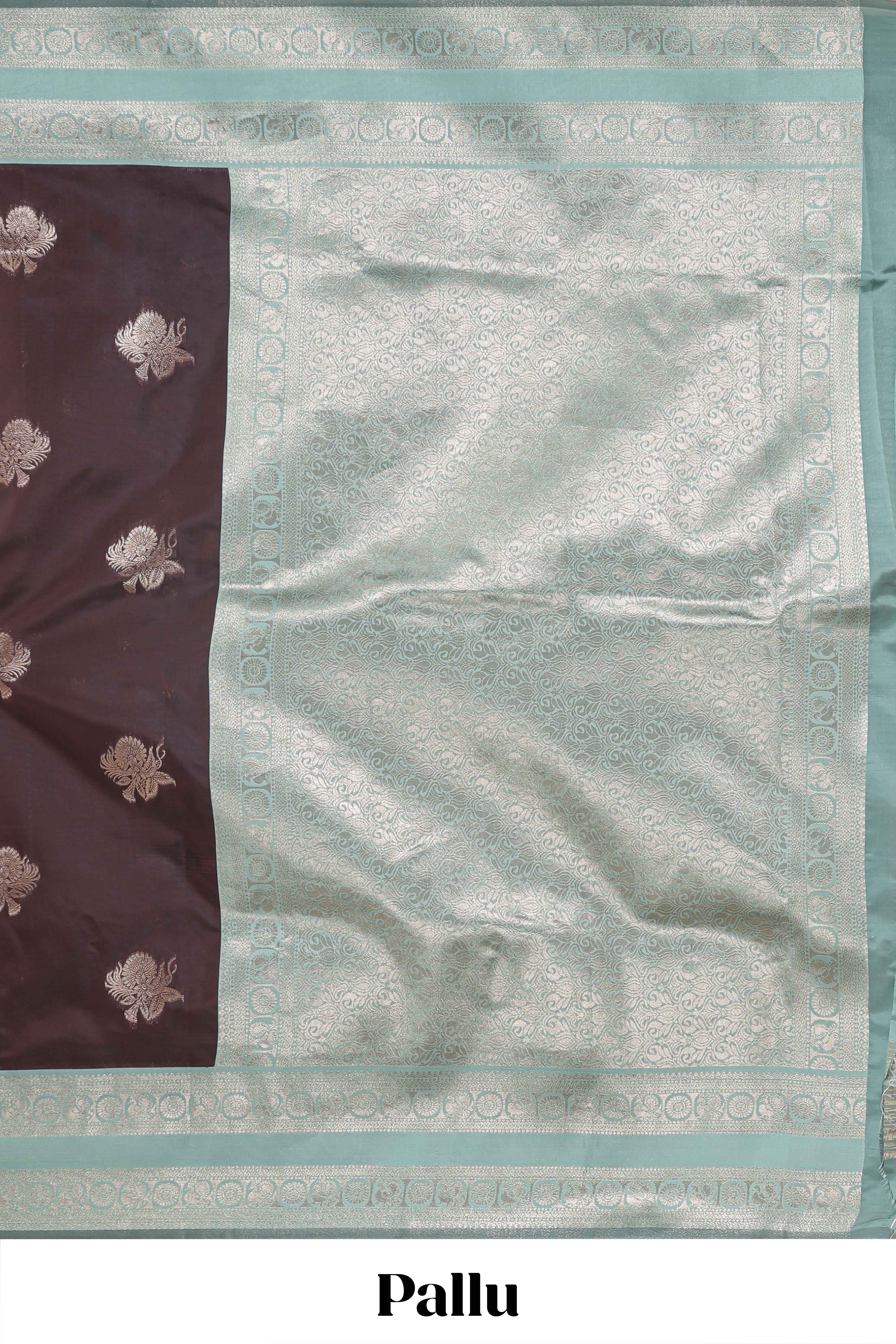 Dark brown zari butta design semi soft silk saree with contrast border and blouse