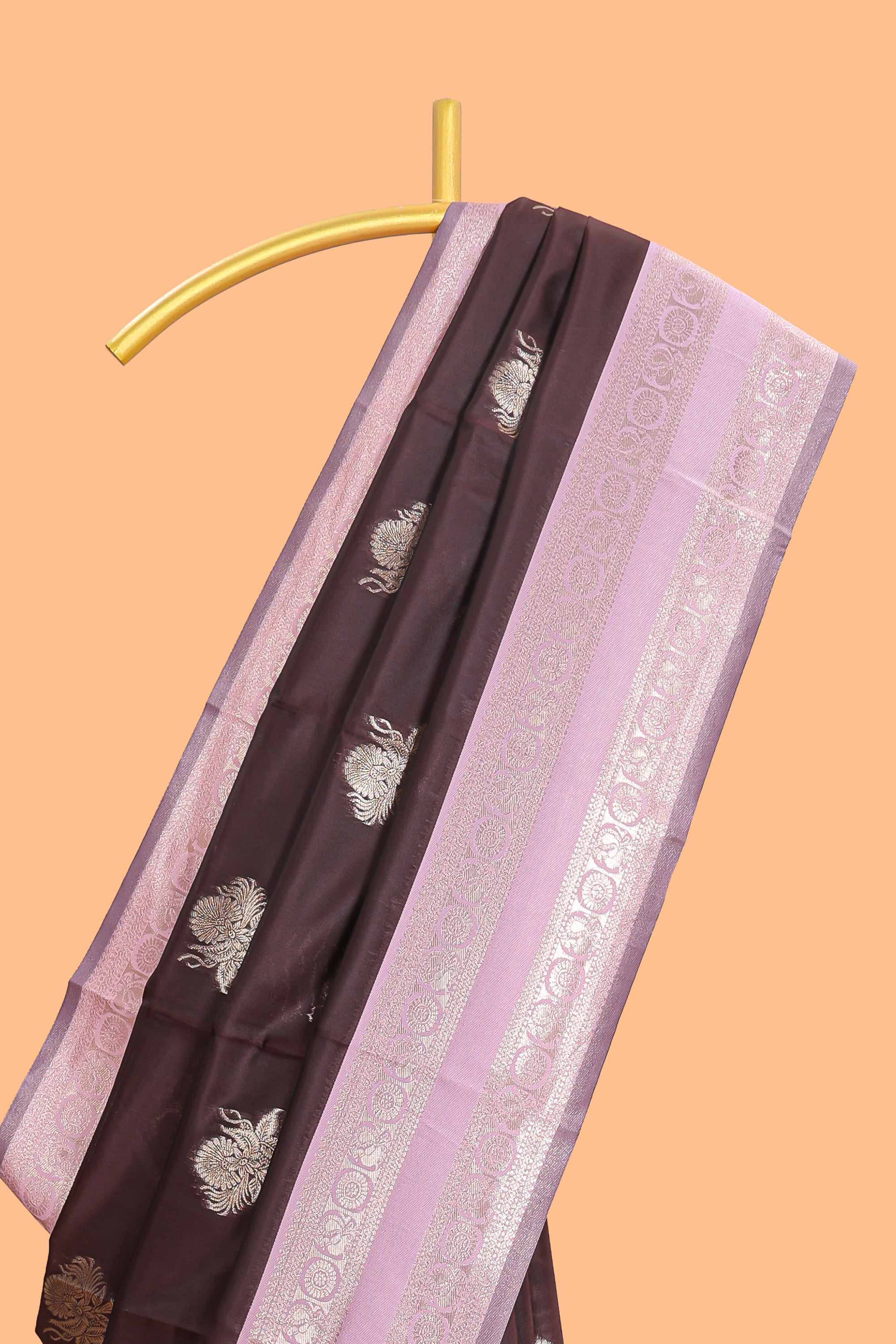Dark brown zari butta design semi soft silk saree with contrast border and blouse