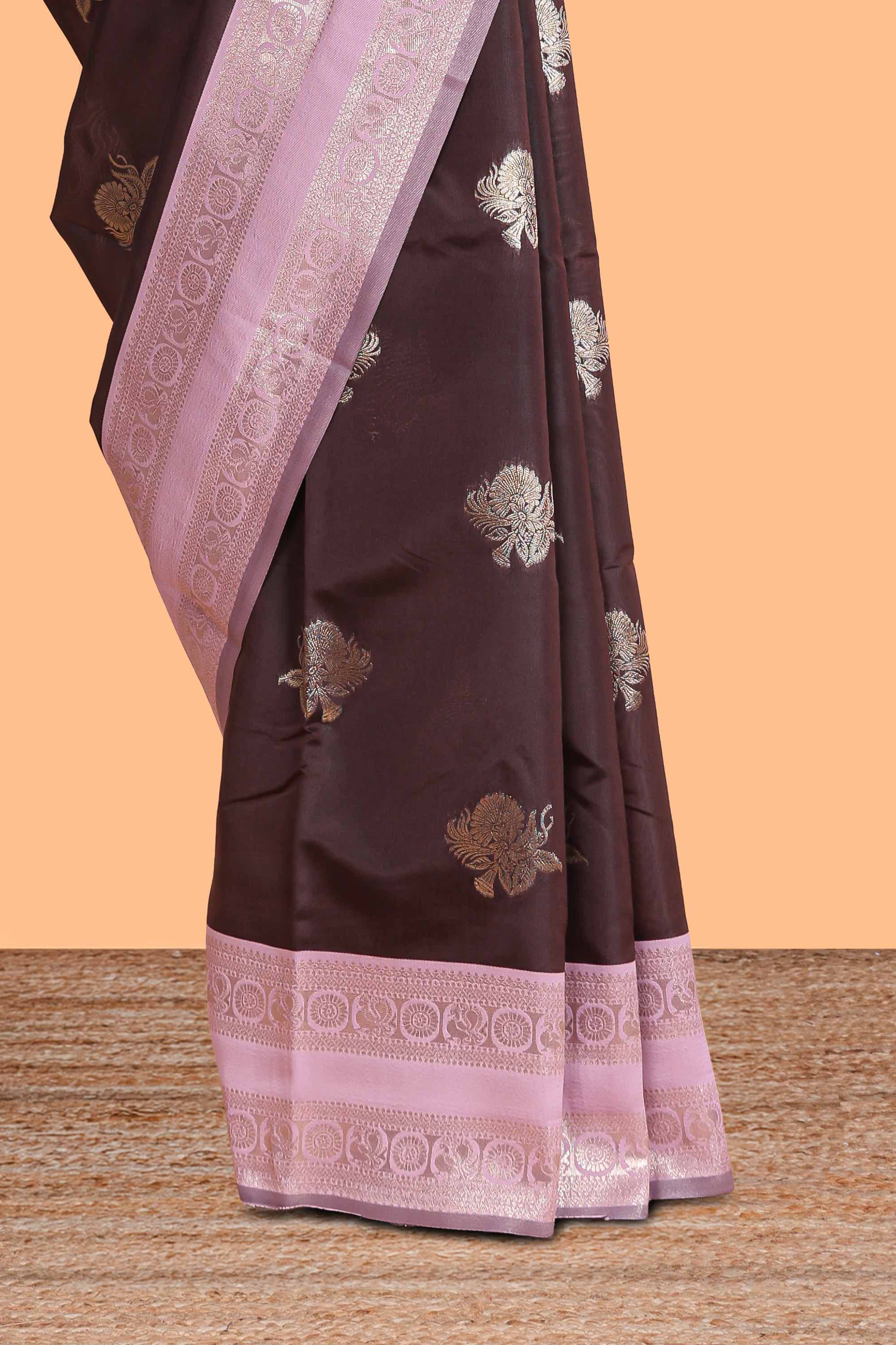 Dark brown zari butta design semi soft silk saree with contrast border and blouse
