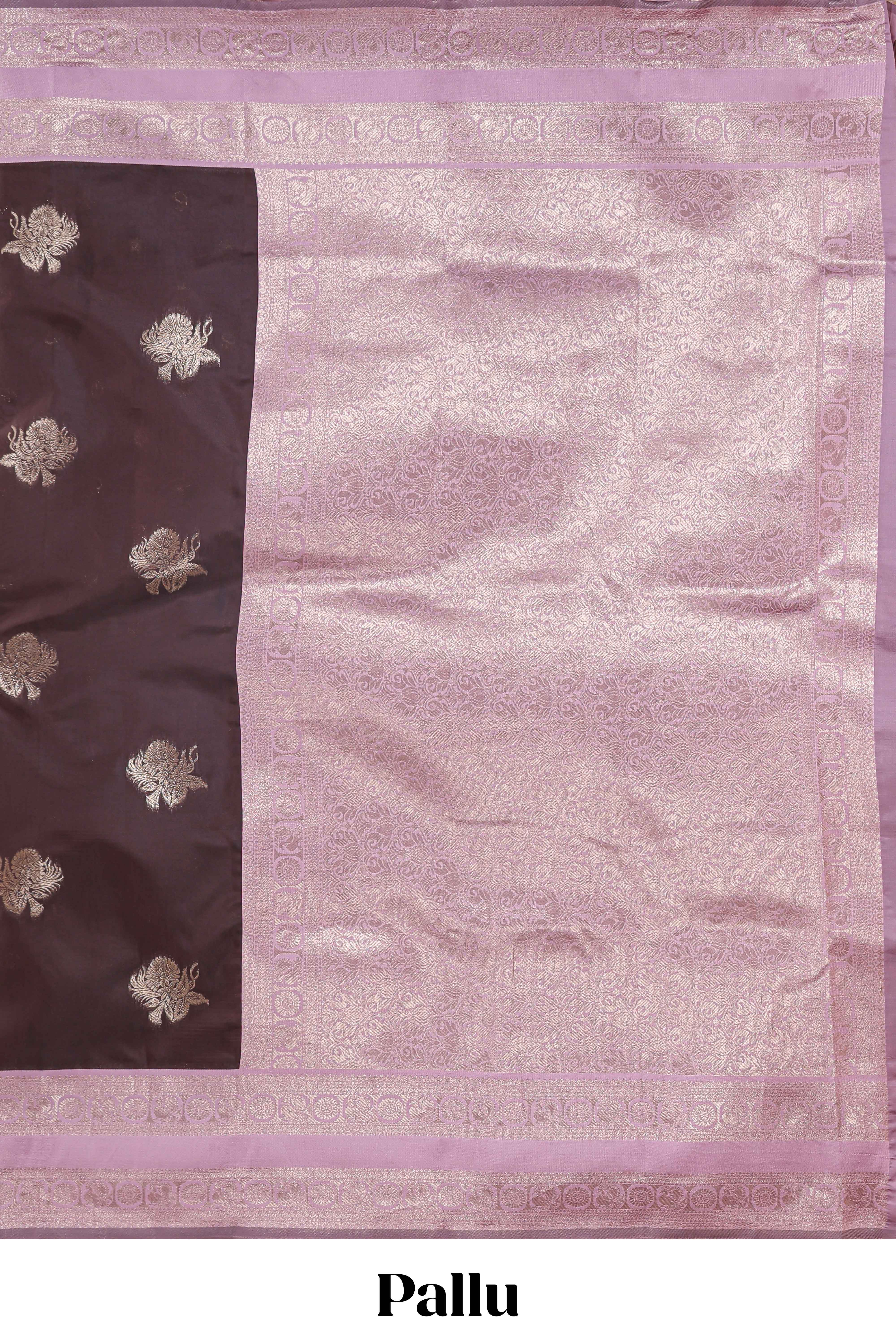 Dark brown zari butta design semi soft silk saree with contrast border and blouse