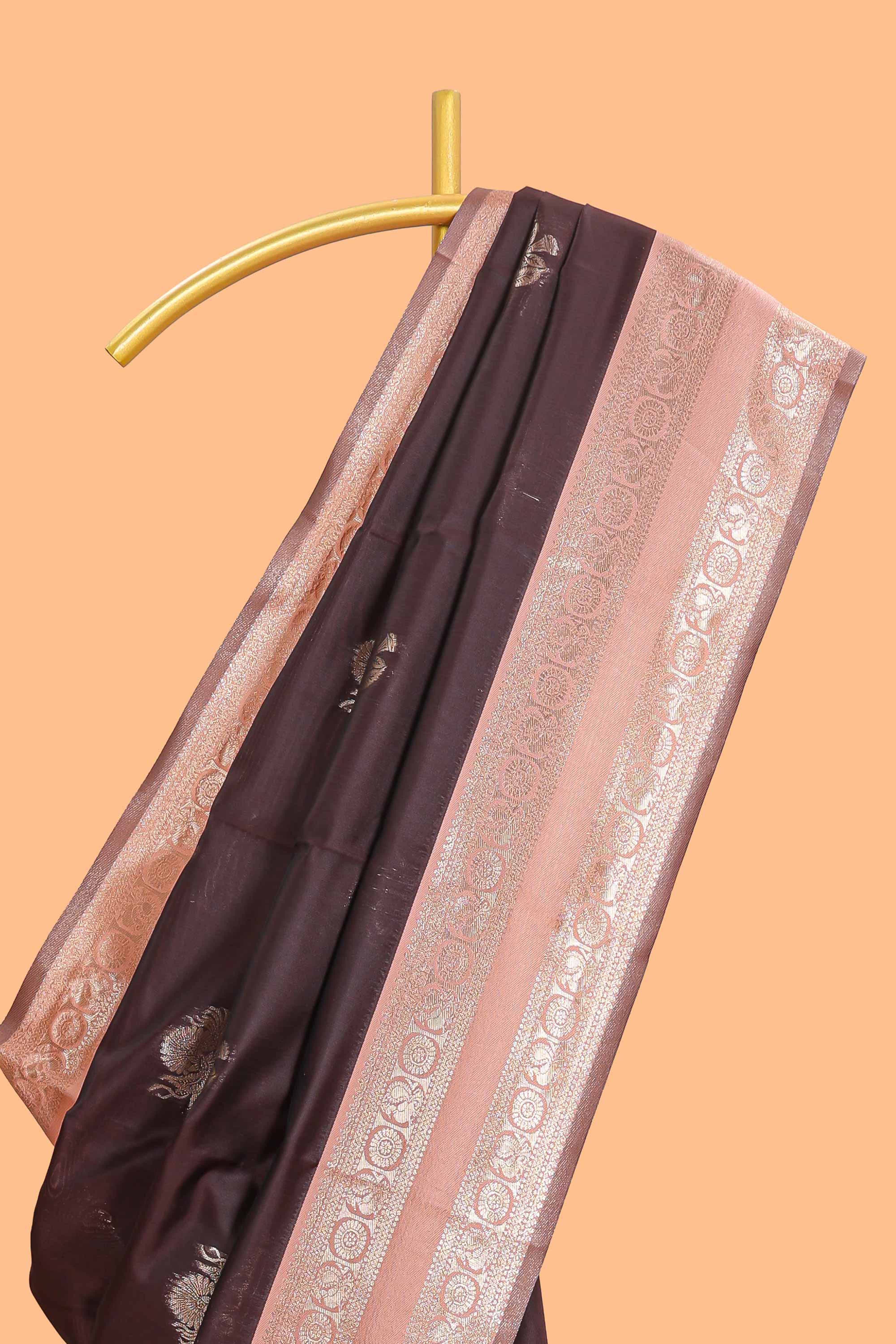 Dark brown zari butta design semi soft silk saree with contrast border and blouse