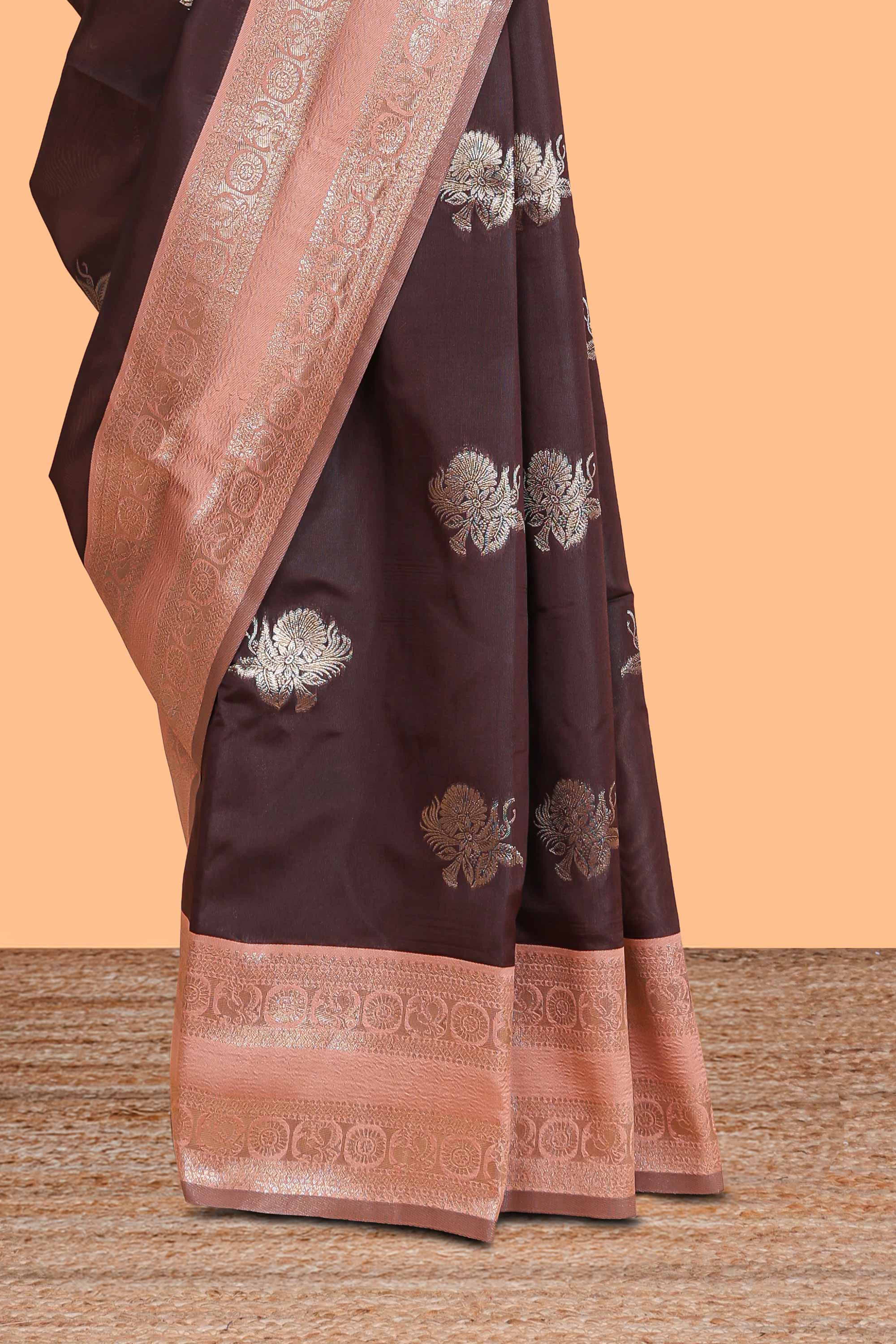 Dark brown zari butta design semi soft silk saree with contrast border and blouse