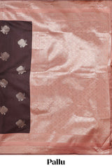 Dark brown zari butta design semi soft silk saree with contrast border and blouse