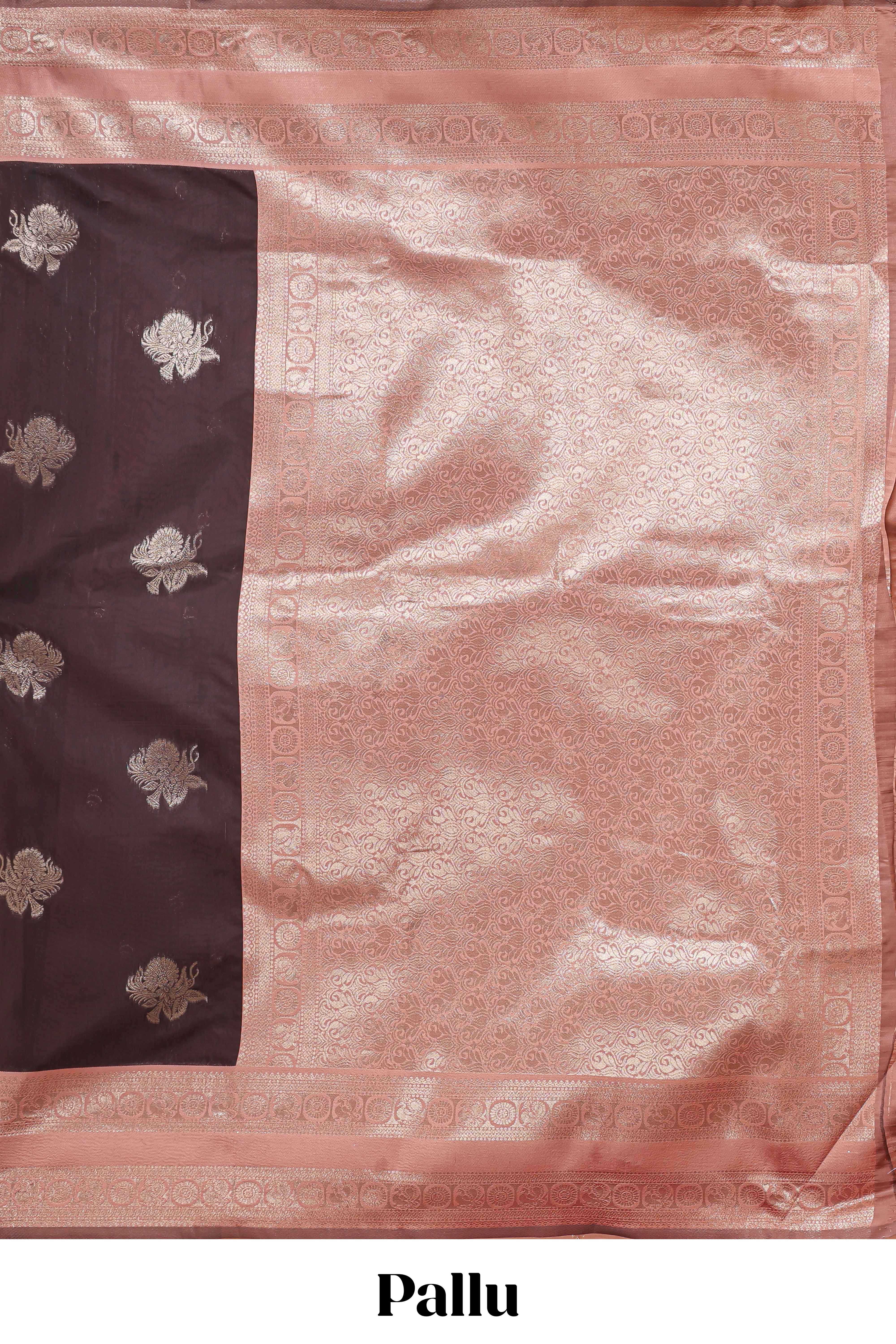 Dark brown zari butta design semi soft silk saree with contrast border and blouse