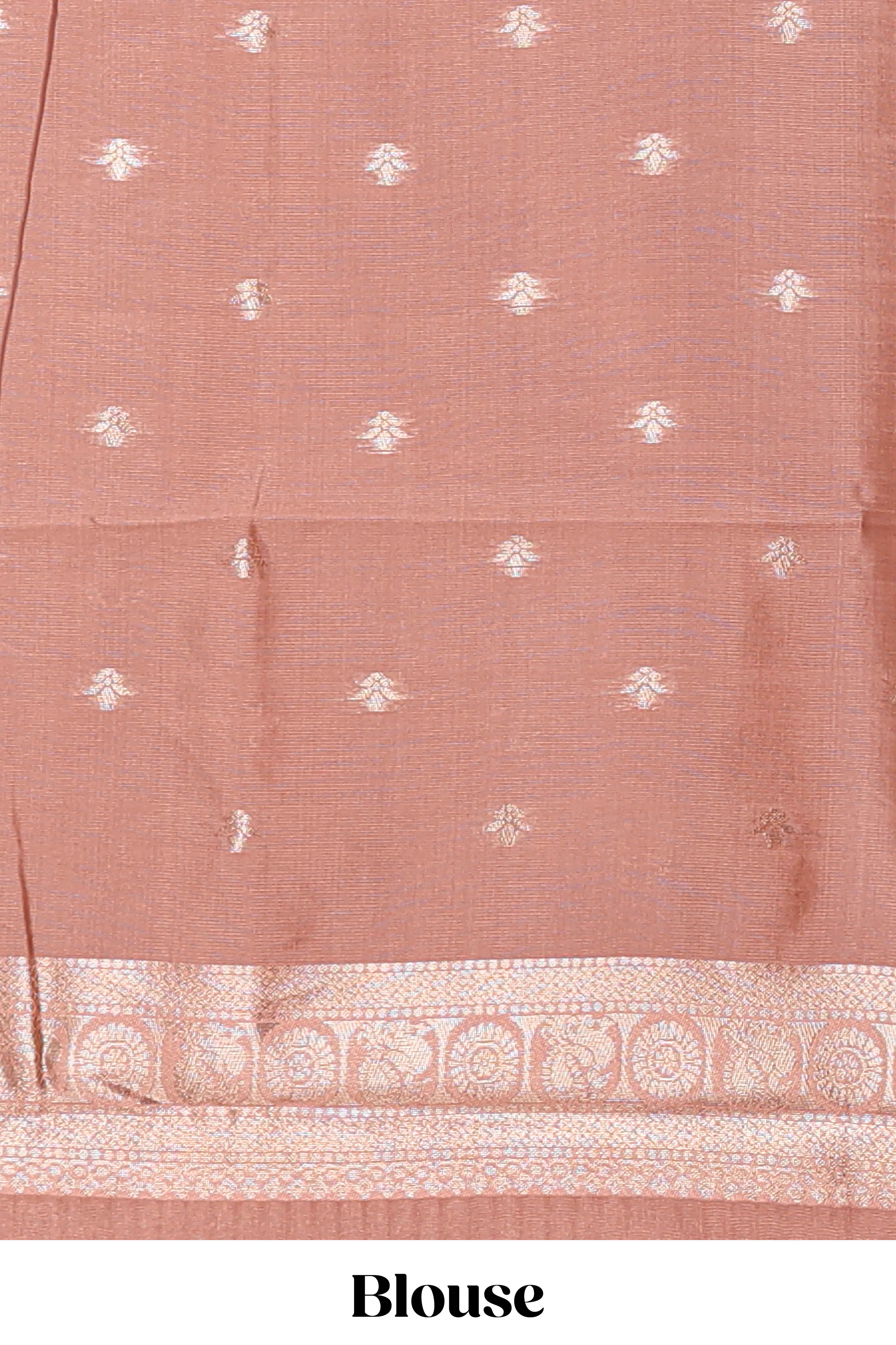 Dark brown zari butta design semi soft silk saree with contrast border and blouse