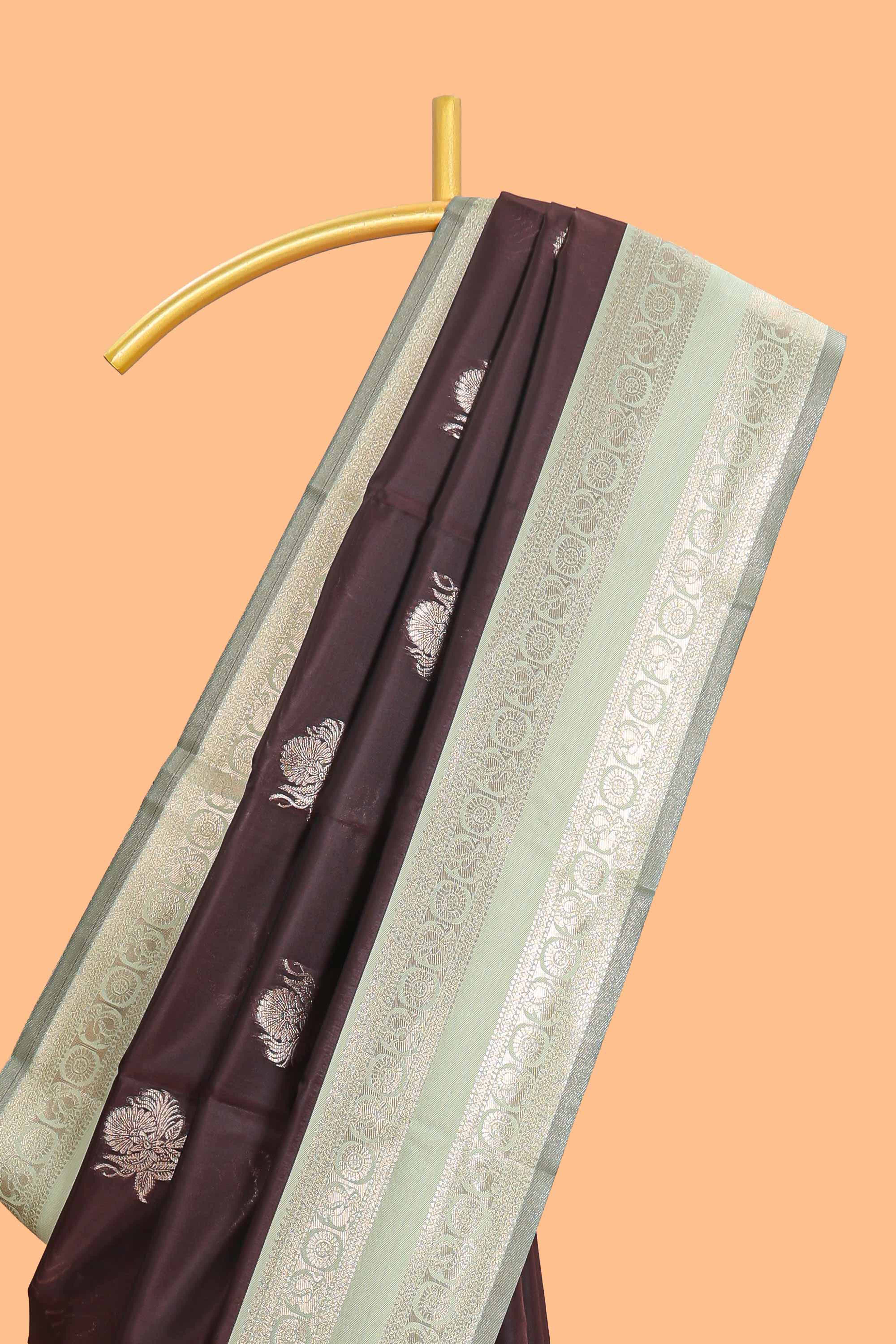 Dark brown zari butta design semi soft silk saree with contrast border and blouse