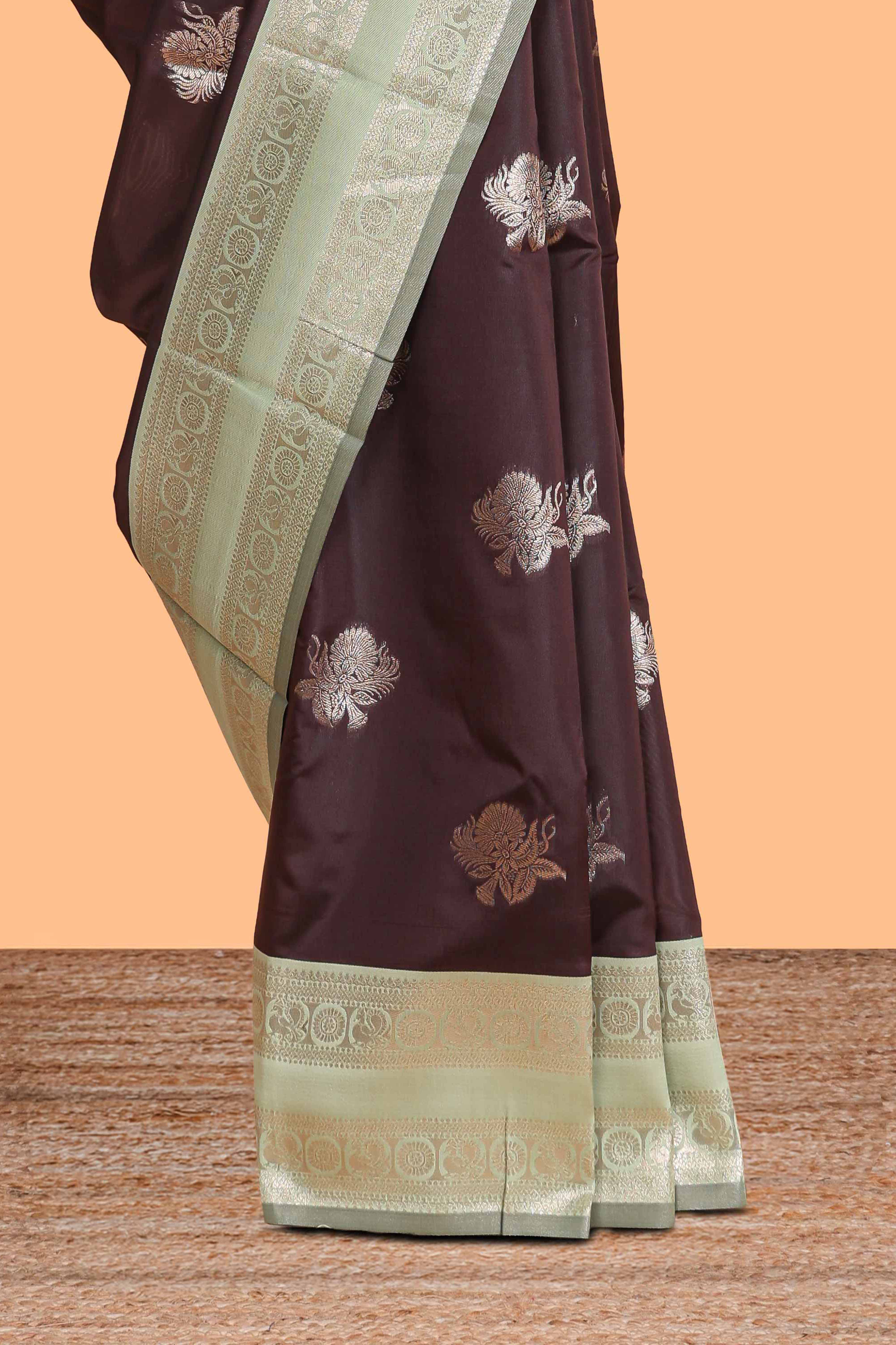 Dark brown zari butta design semi soft silk saree with contrast border and blouse