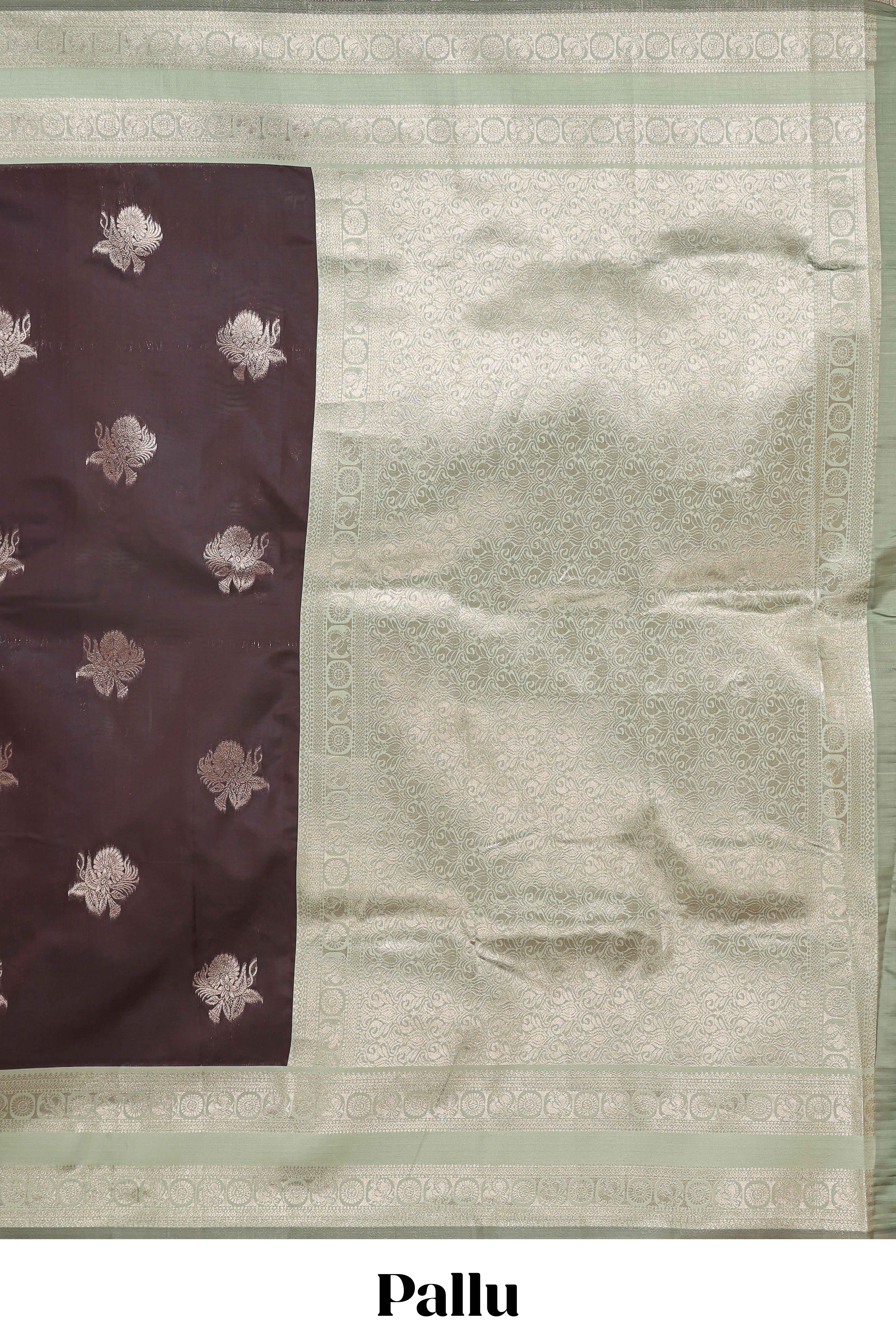 Dark brown zari butta design semi soft silk saree with contrast border and blouse