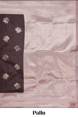 Dark brown zari butta design semi soft silk saree with contrast border and blouse