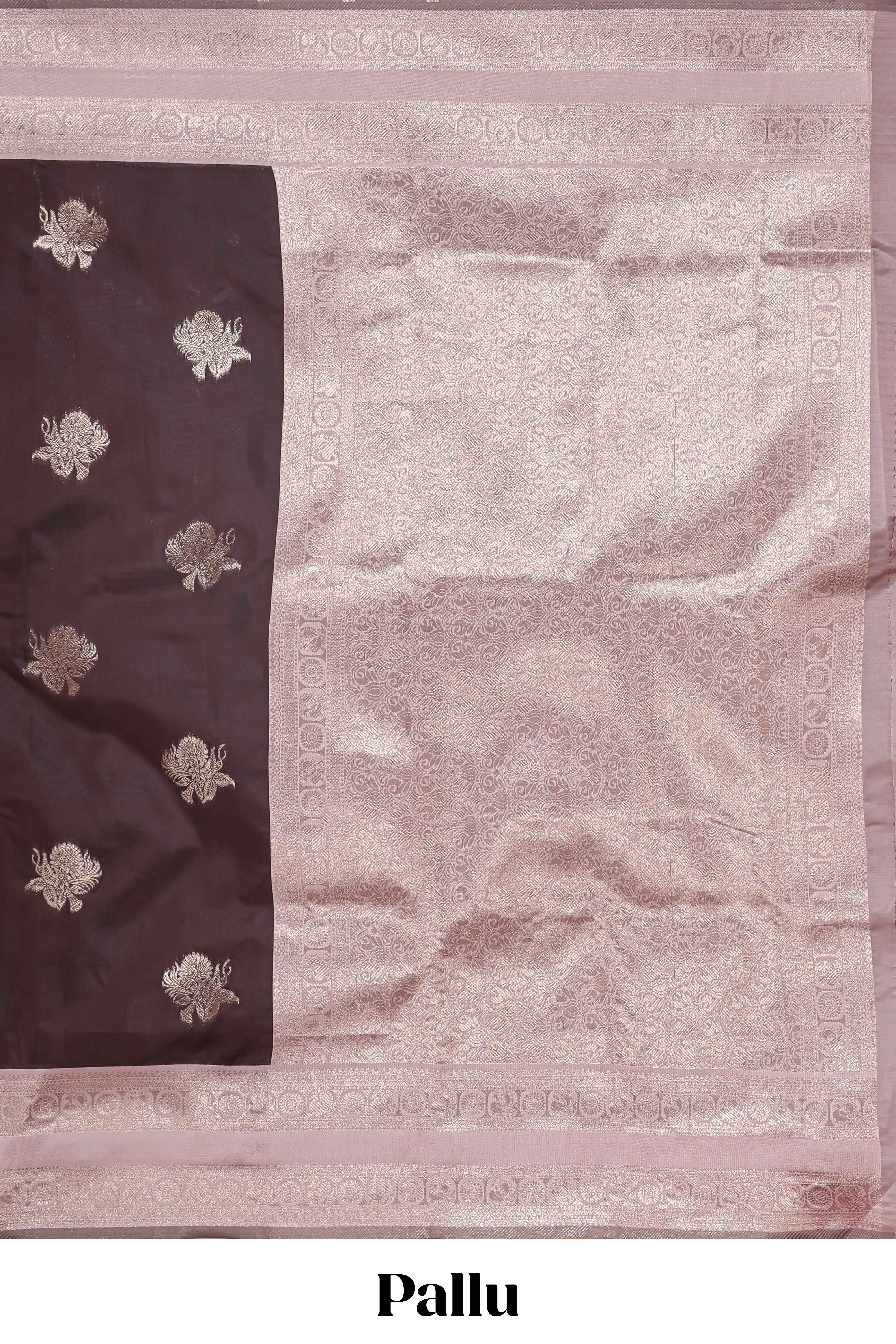 Dark brown zari butta design semi soft silk saree with contrast border and blouse