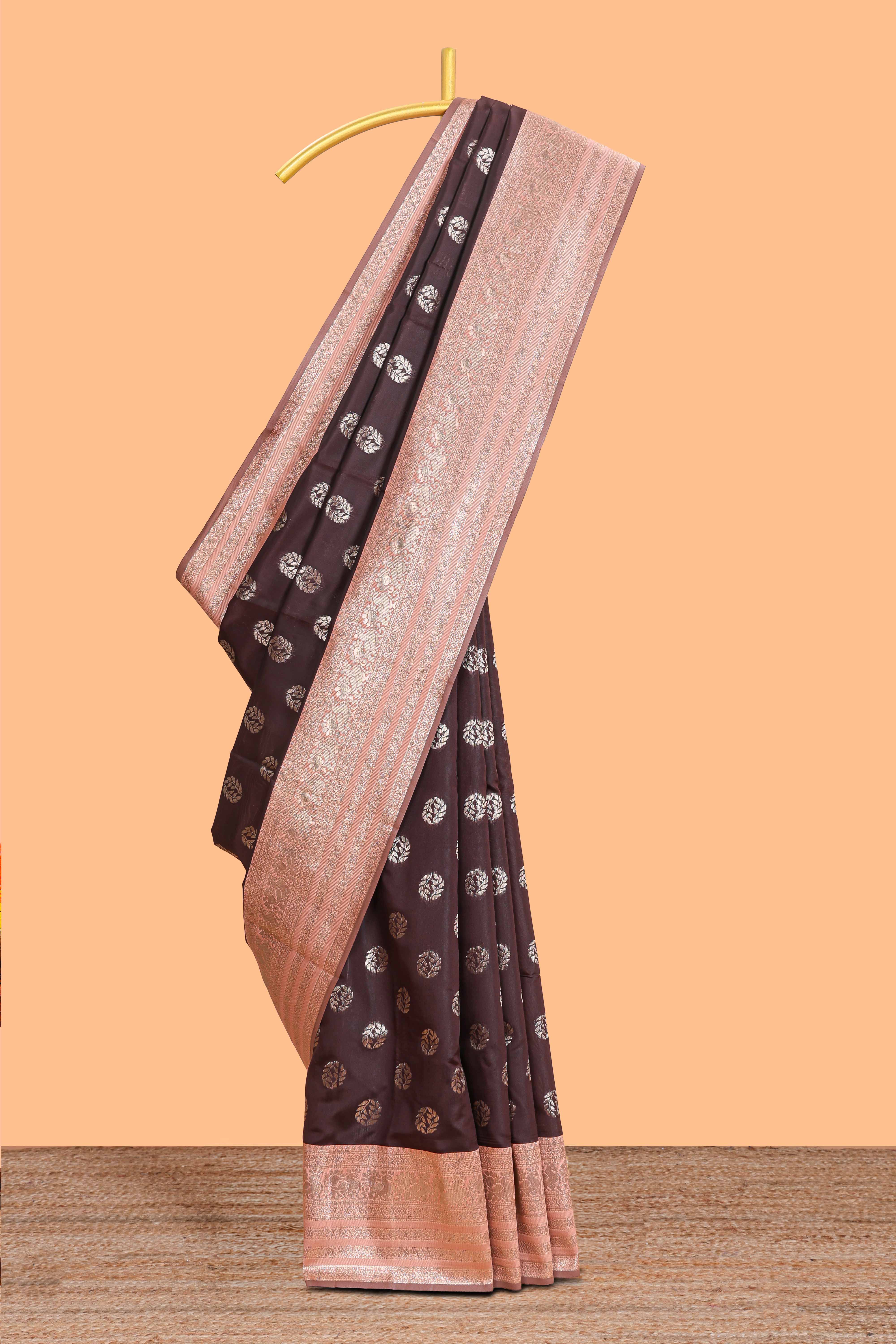 Dark brown zari butta design semi soft silk saree with contrast border and blouse