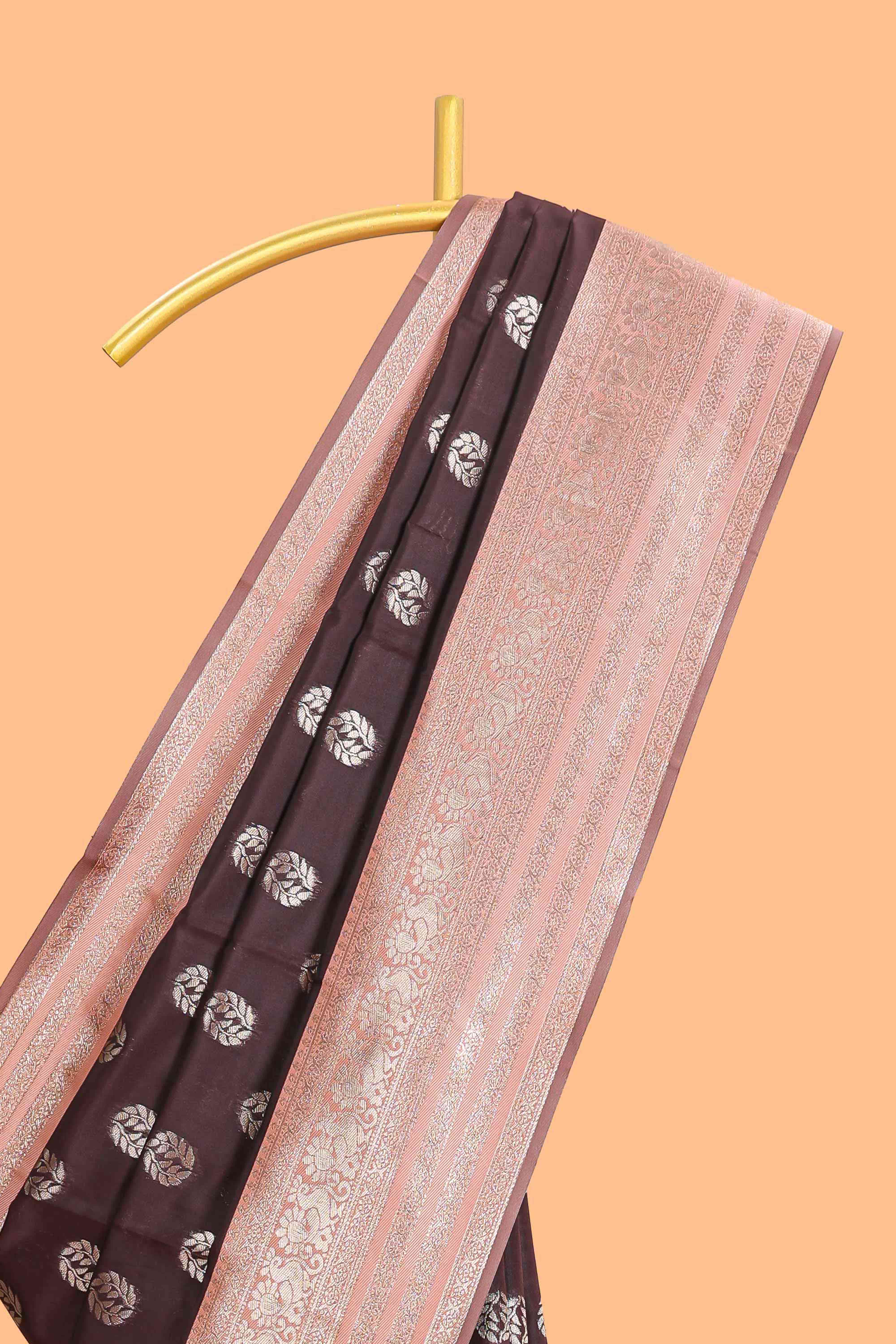 Dark brown zari butta design semi soft silk saree with contrast border and blouse
