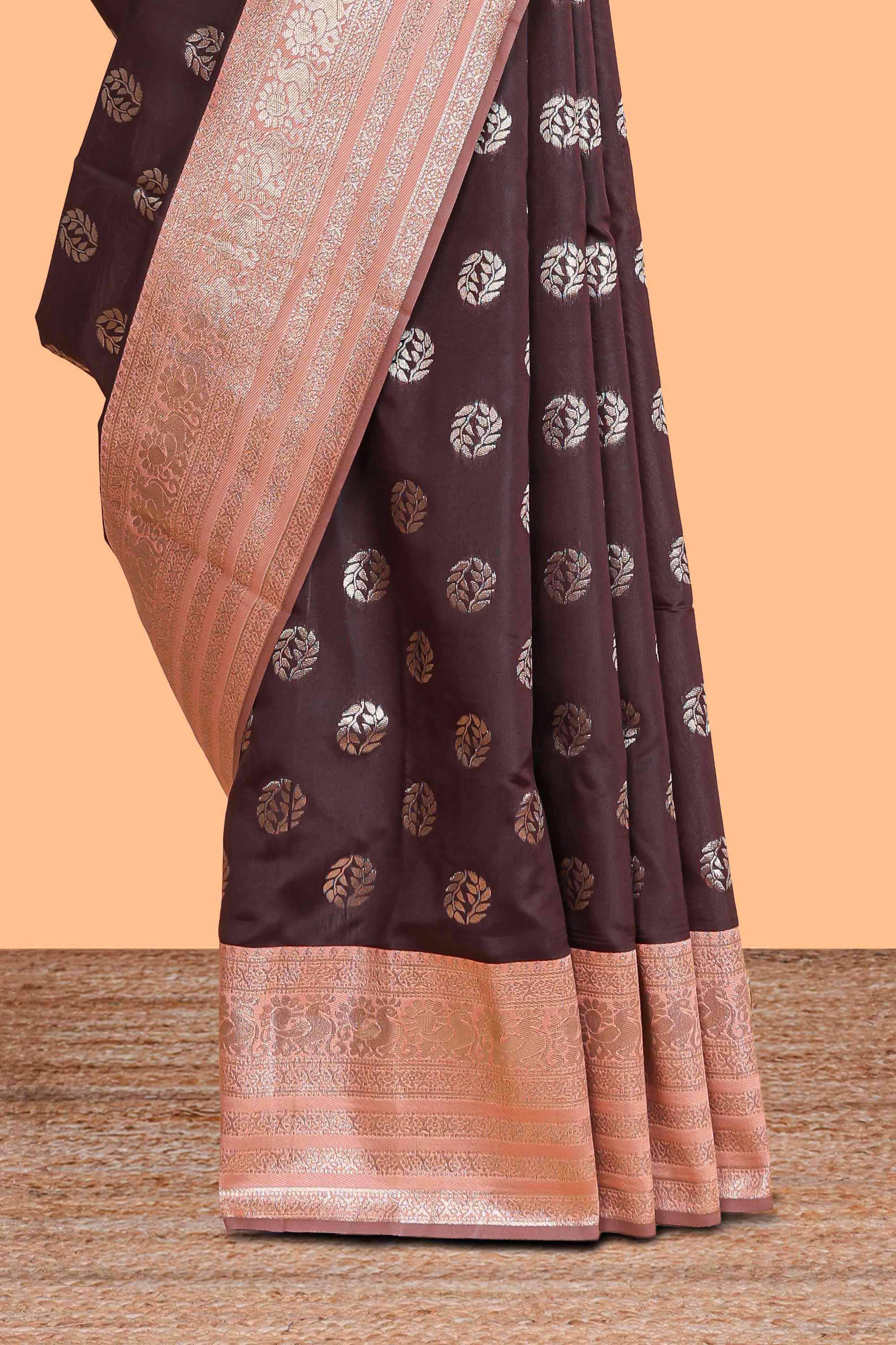 Dark brown zari butta design semi soft silk saree with contrast border and blouse
