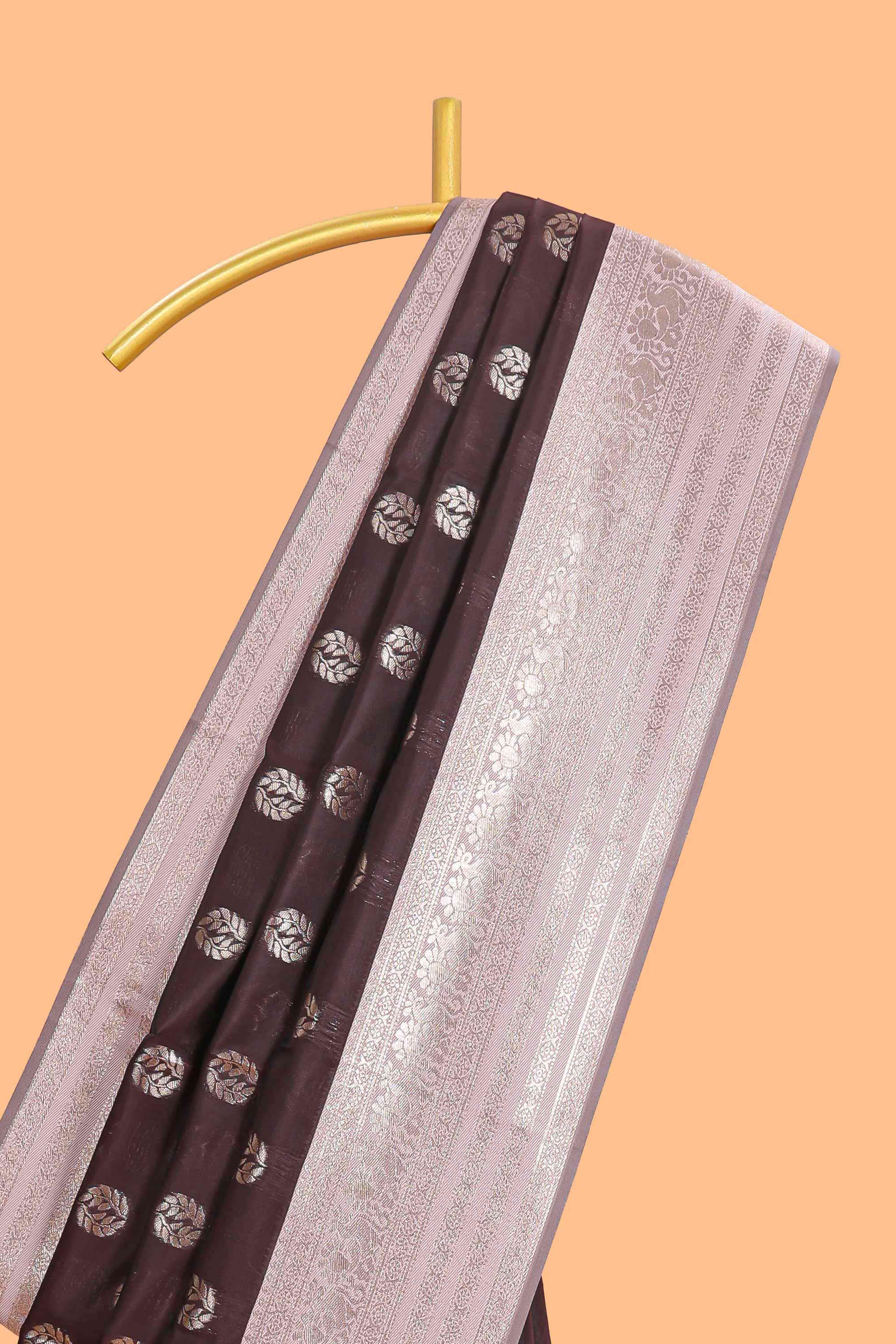 Dark brown zari butta design semi soft silk saree with contrast border and blouse