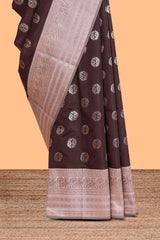 Dark brown zari butta design semi soft silk saree with contrast border and blouse