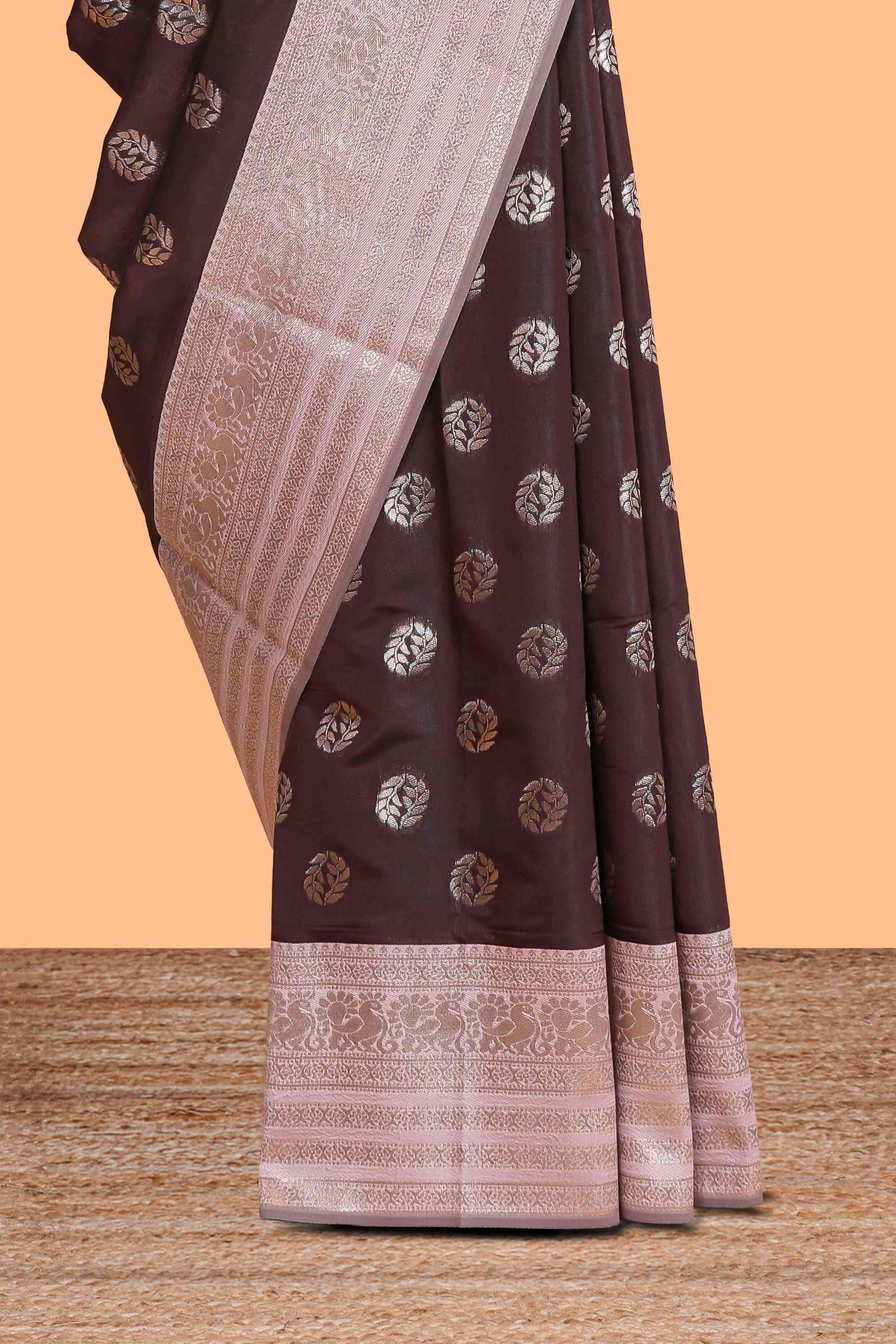 Dark brown zari butta design semi soft silk saree with contrast border and blouse
