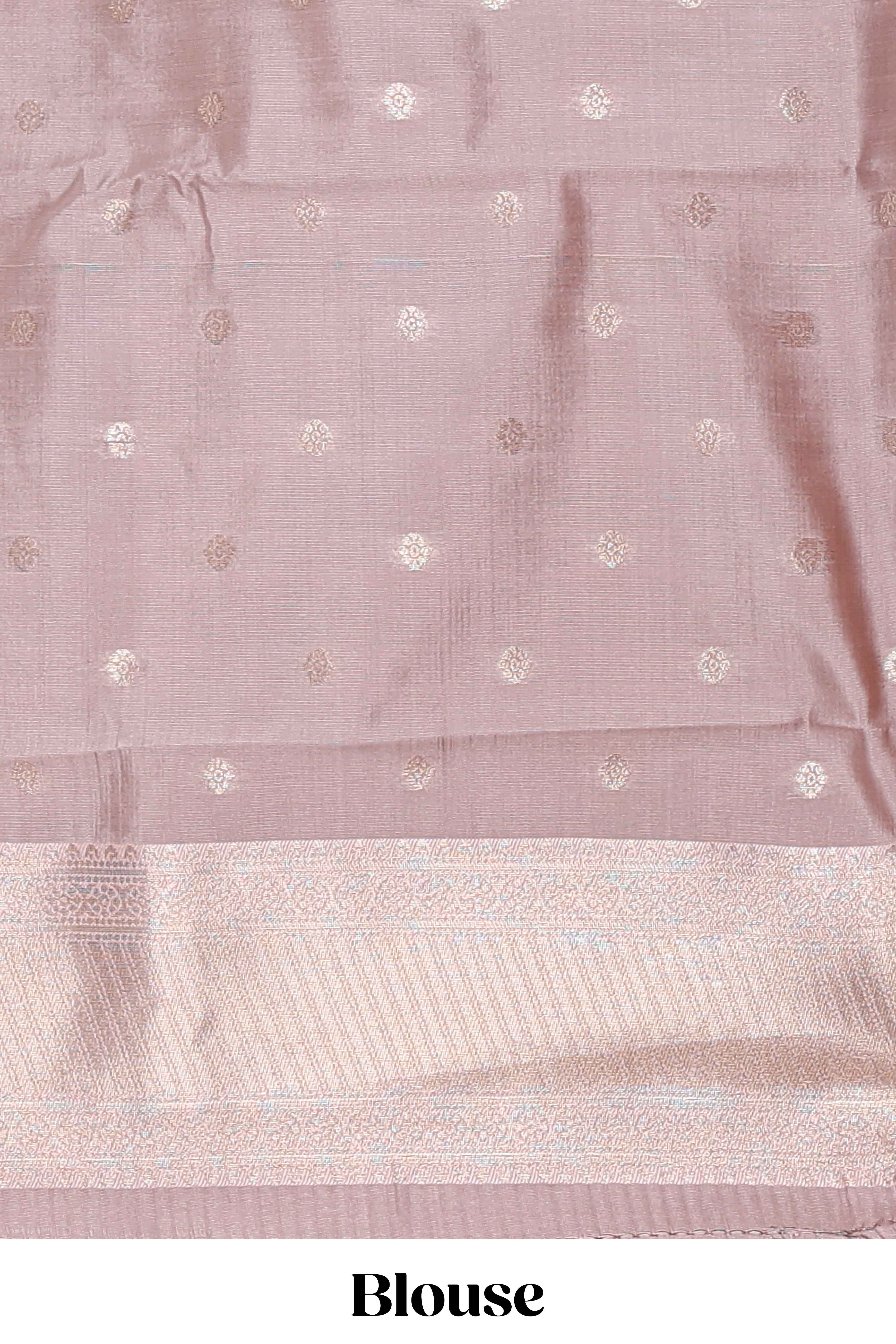 Dark brown zari butta design semi soft silk saree with contrast border and blouse