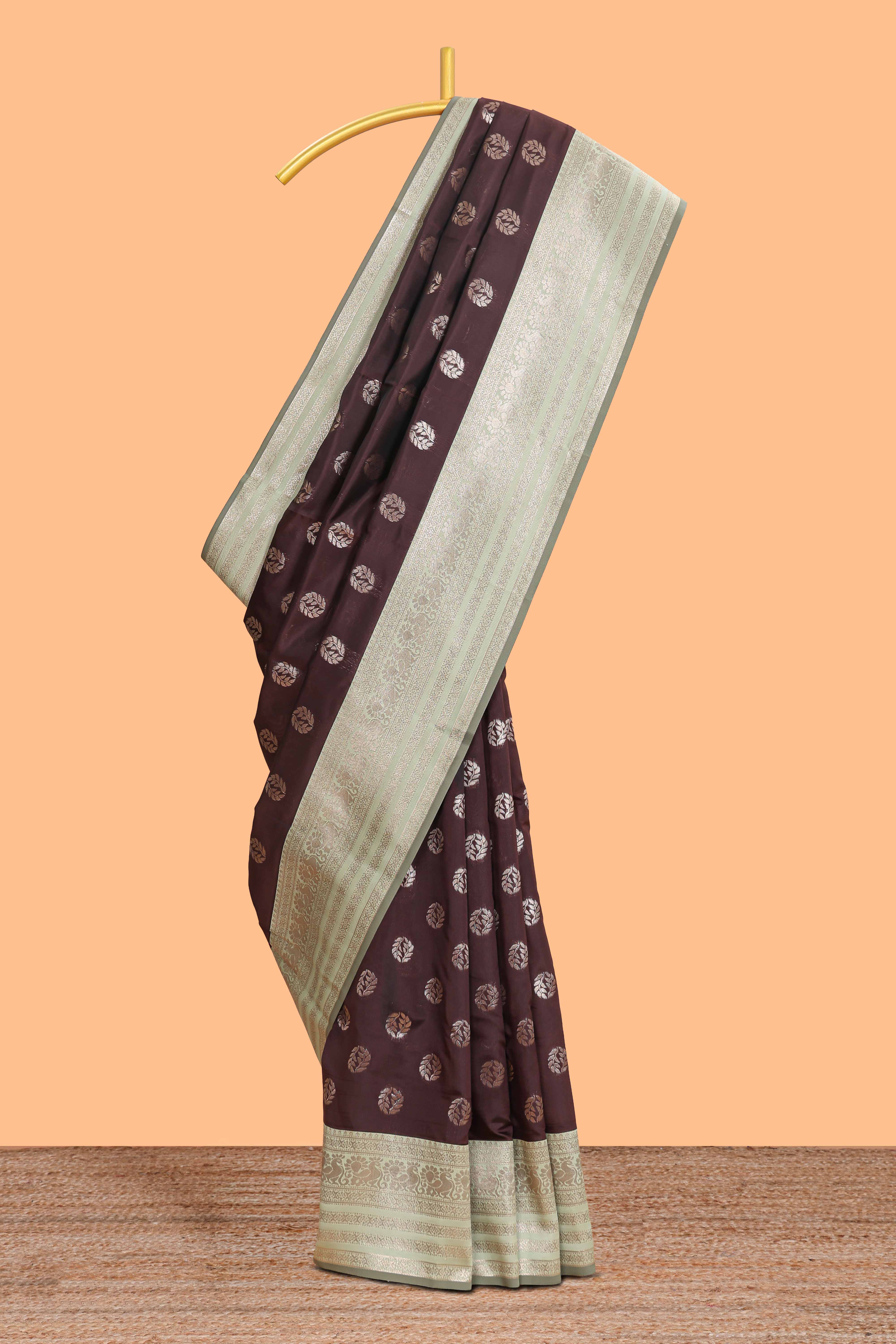 Dark brown zari butta design semi soft silk saree with contrast border and blouse