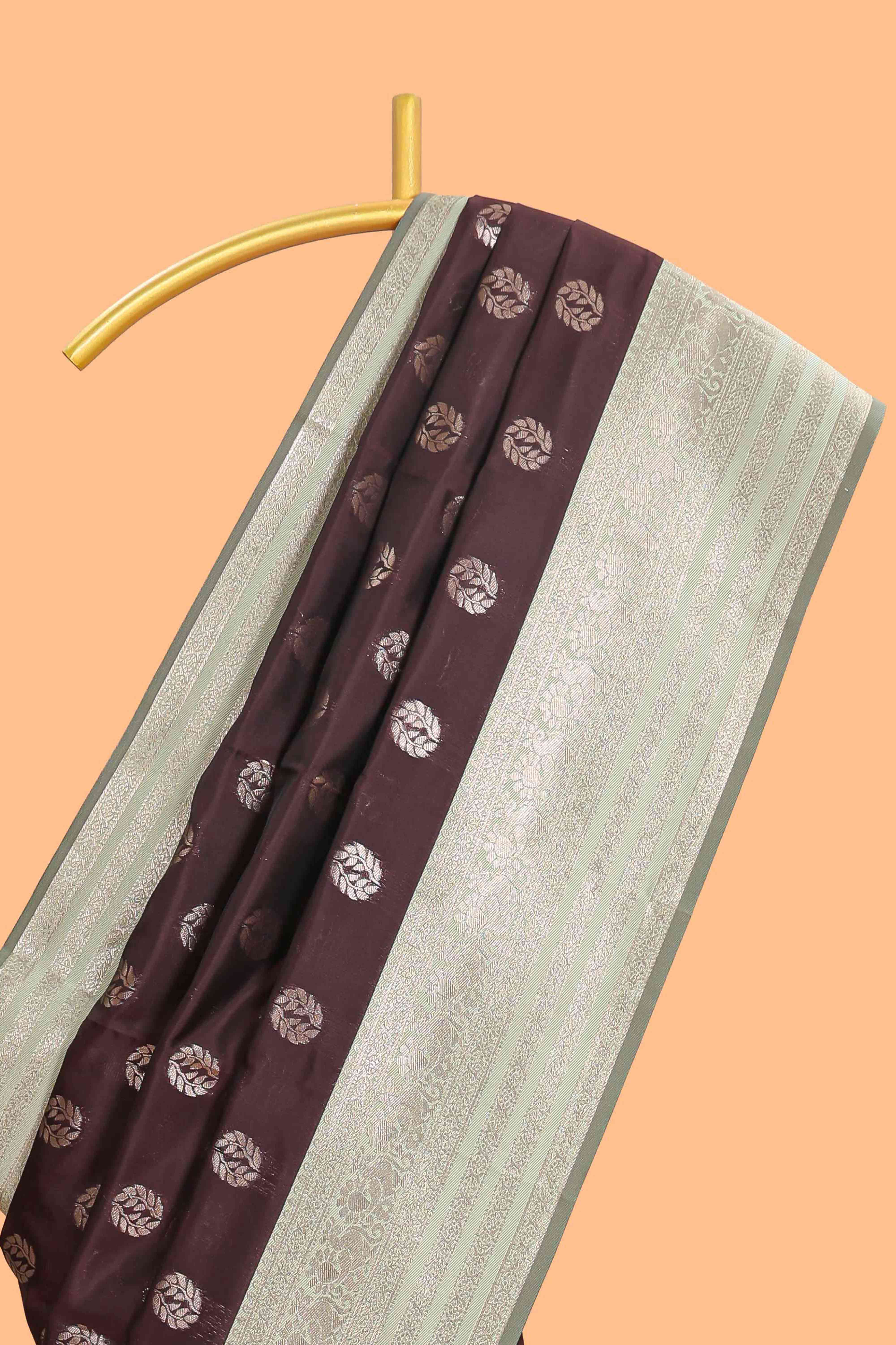 Dark brown zari butta design semi soft silk saree with contrast border and blouse