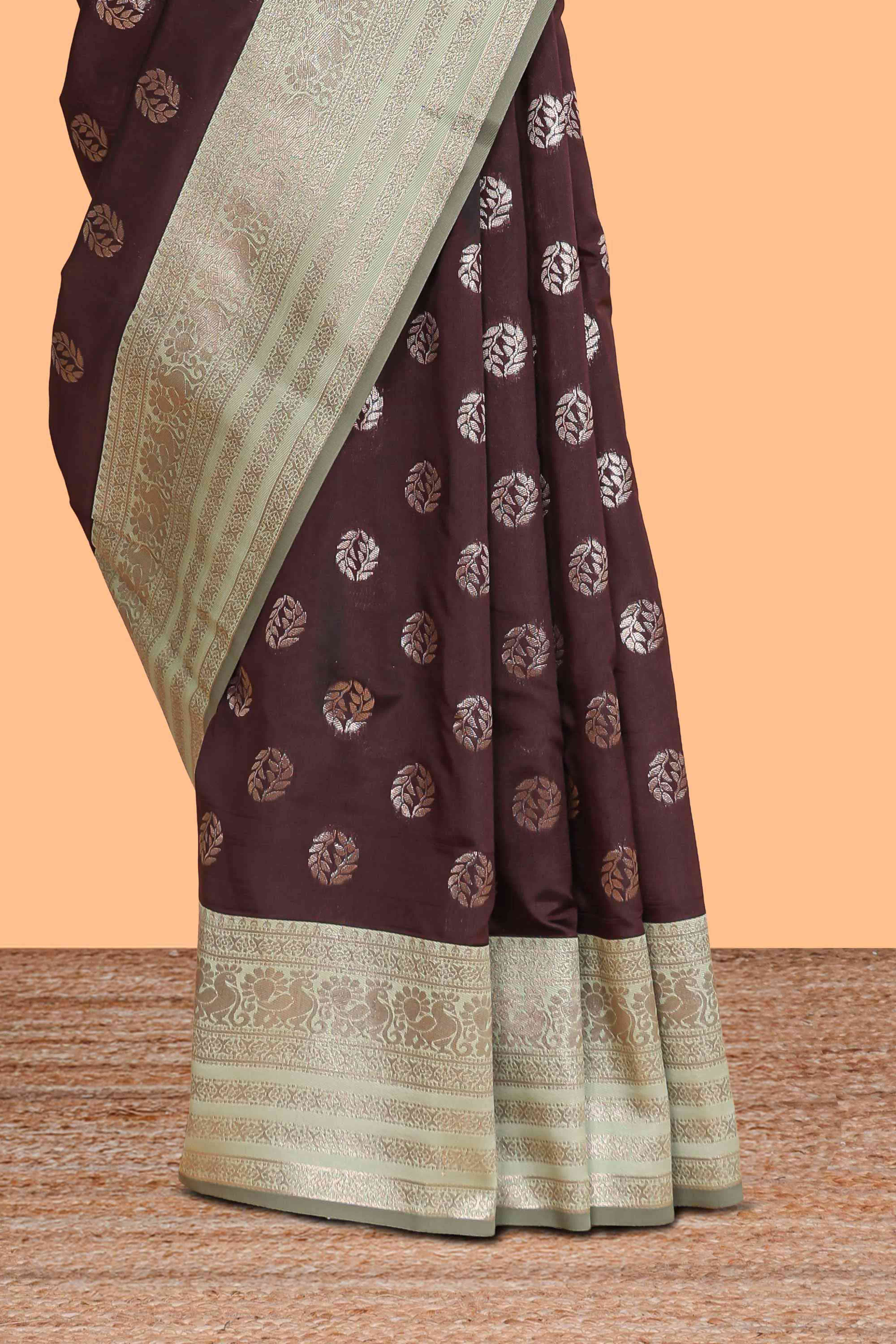 Dark brown zari butta design semi soft silk saree with contrast border and blouse