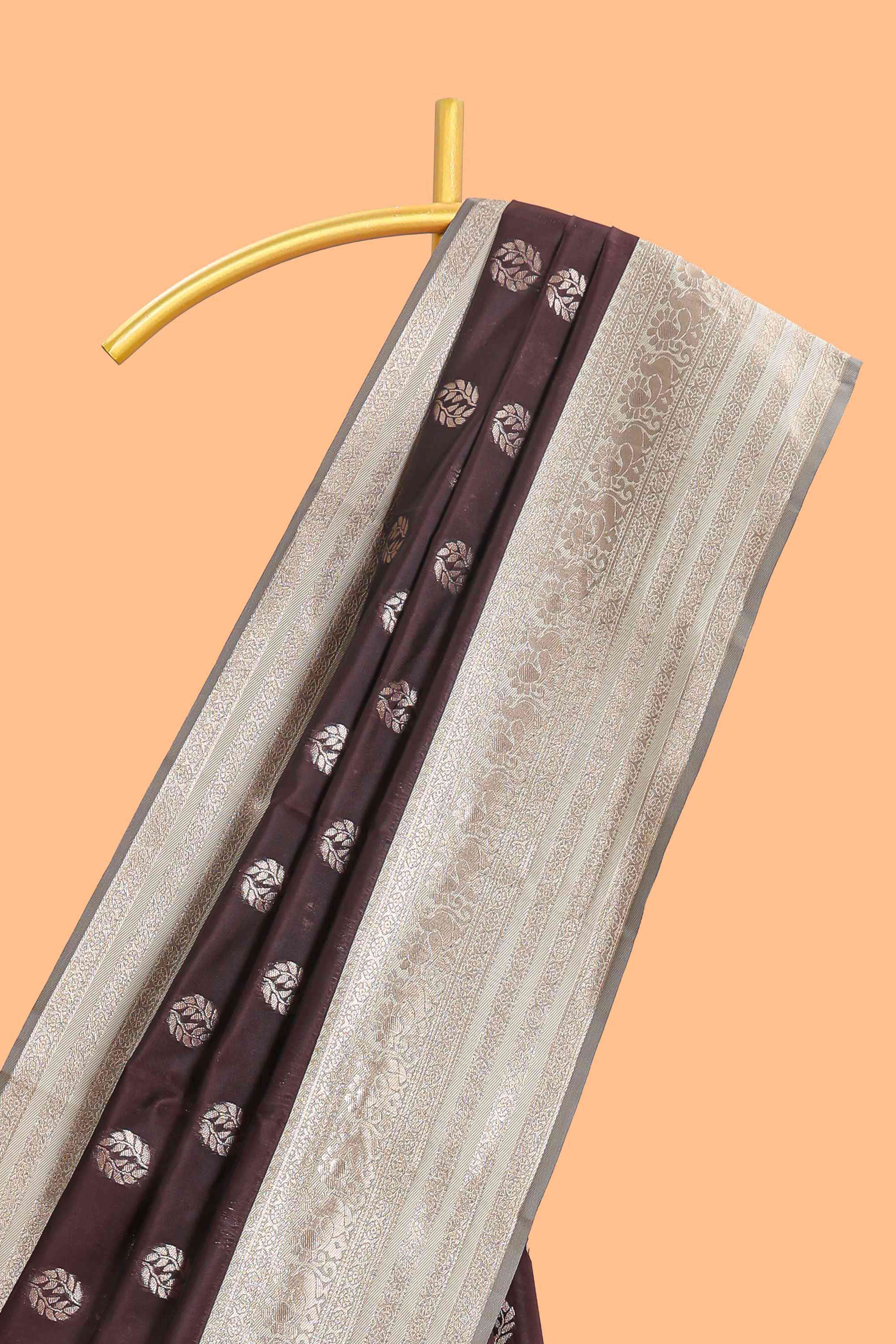 Dark brown zari butta design semi soft silk saree with contrast border and blouse