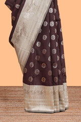Dark brown zari butta design semi soft silk saree with contrast border and blouse