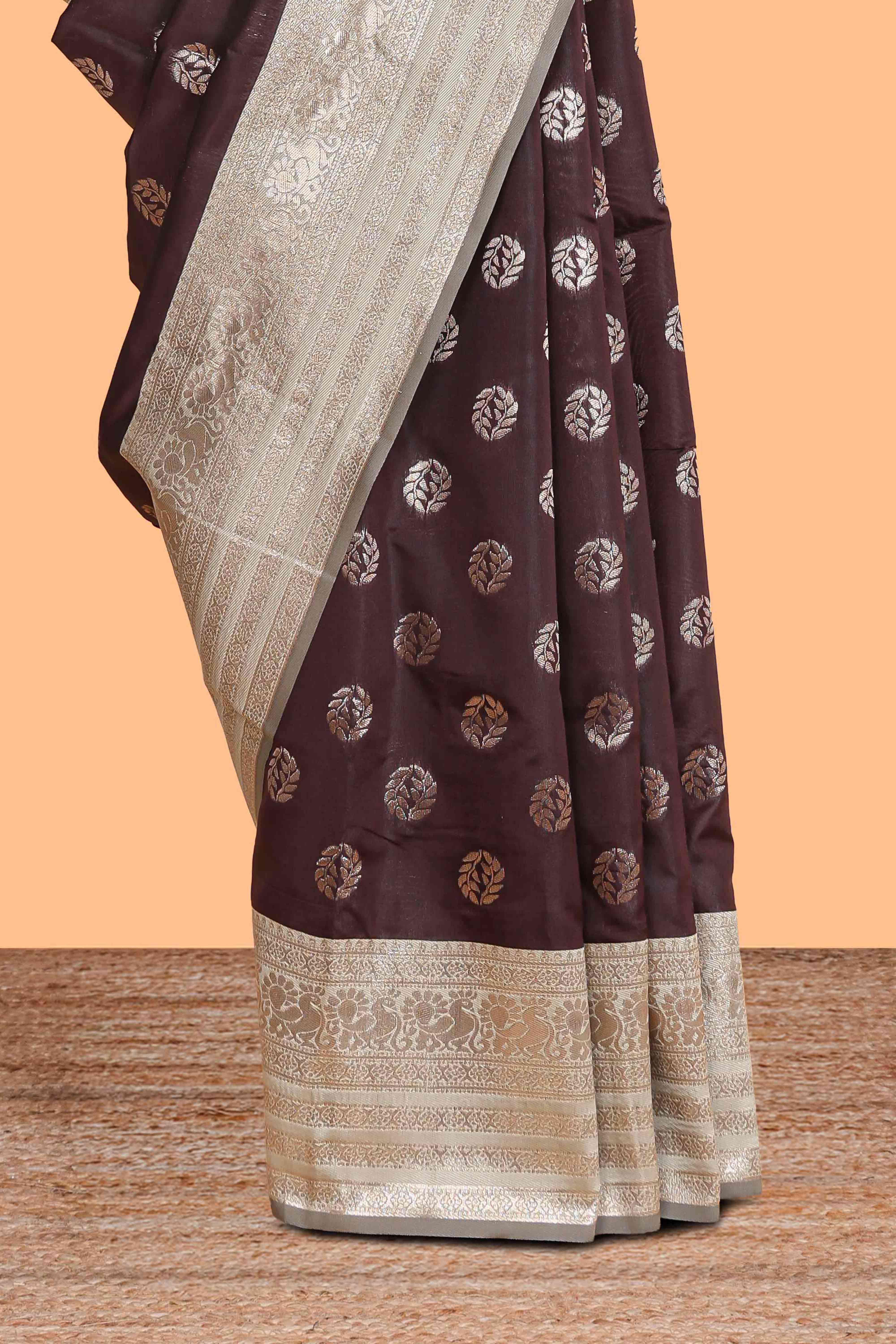 Dark brown zari butta design semi soft silk saree with contrast border and blouse