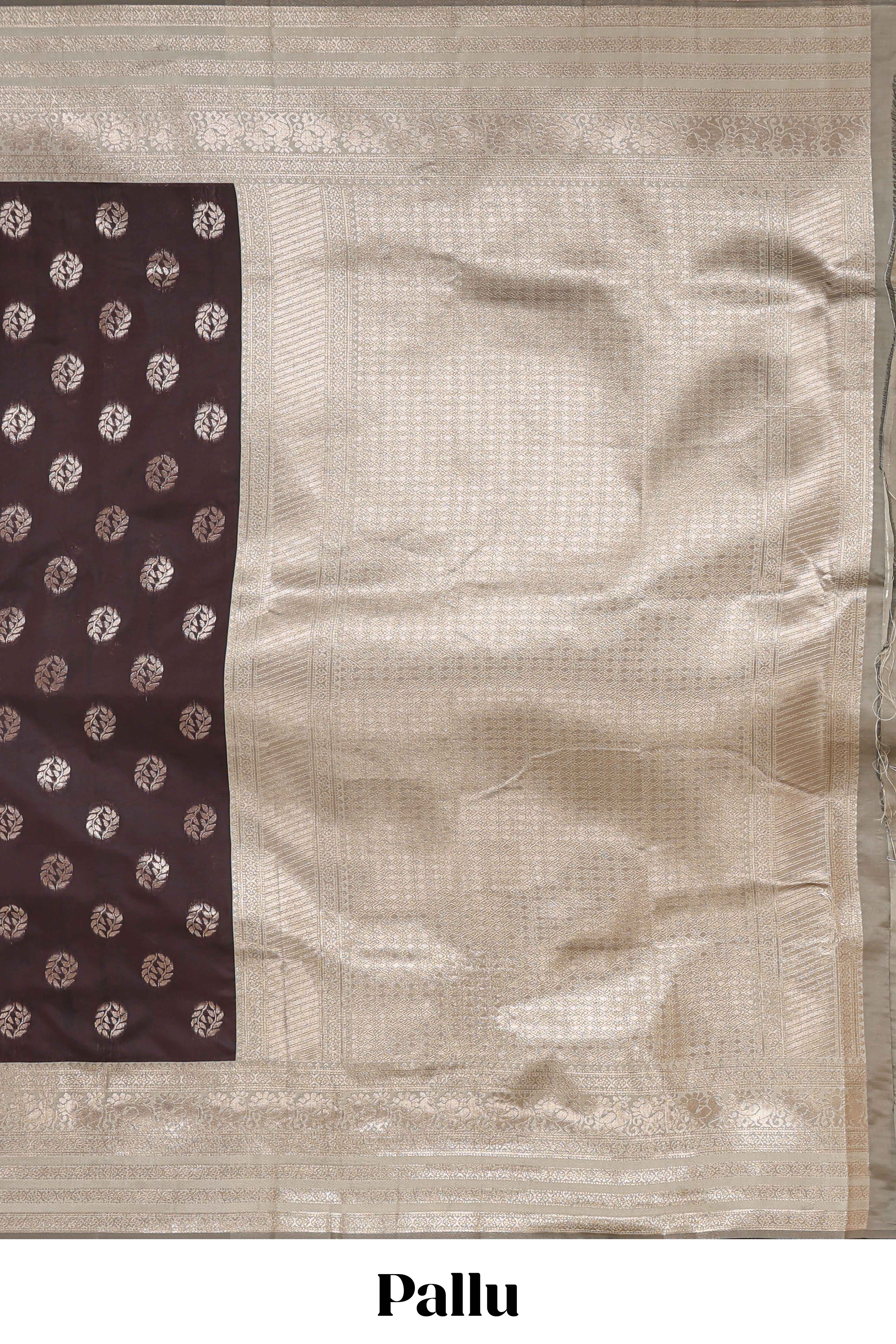 Dark brown zari butta design semi soft silk saree with contrast border and blouse